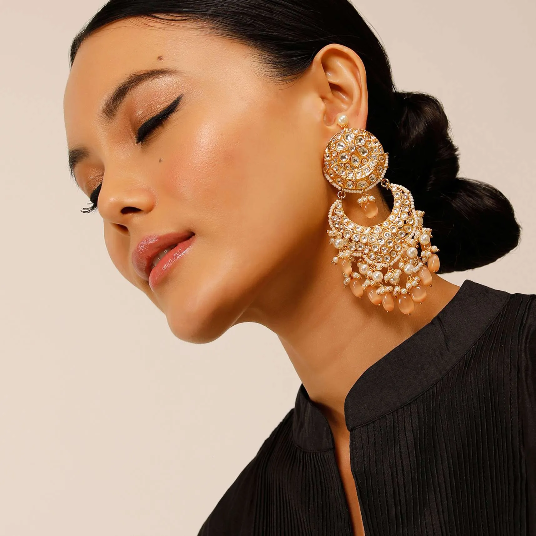 Gold Kundan Earrings With Dangling Pearl And Peach Bead Fringes