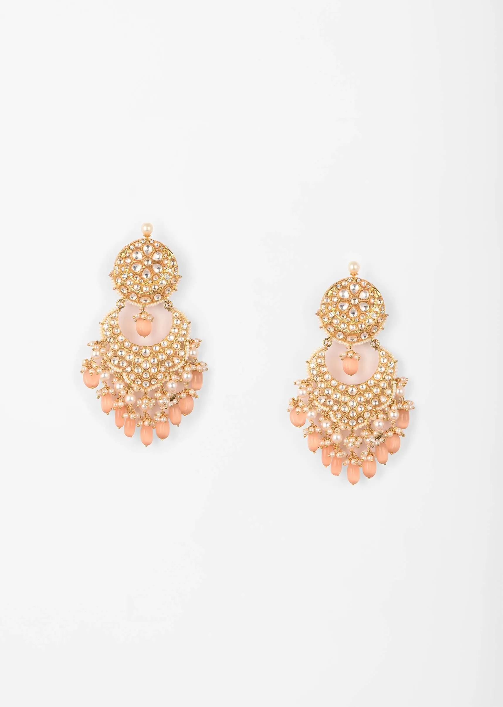 Gold Kundan Earrings With Dangling Pearl And Peach Bead Fringes