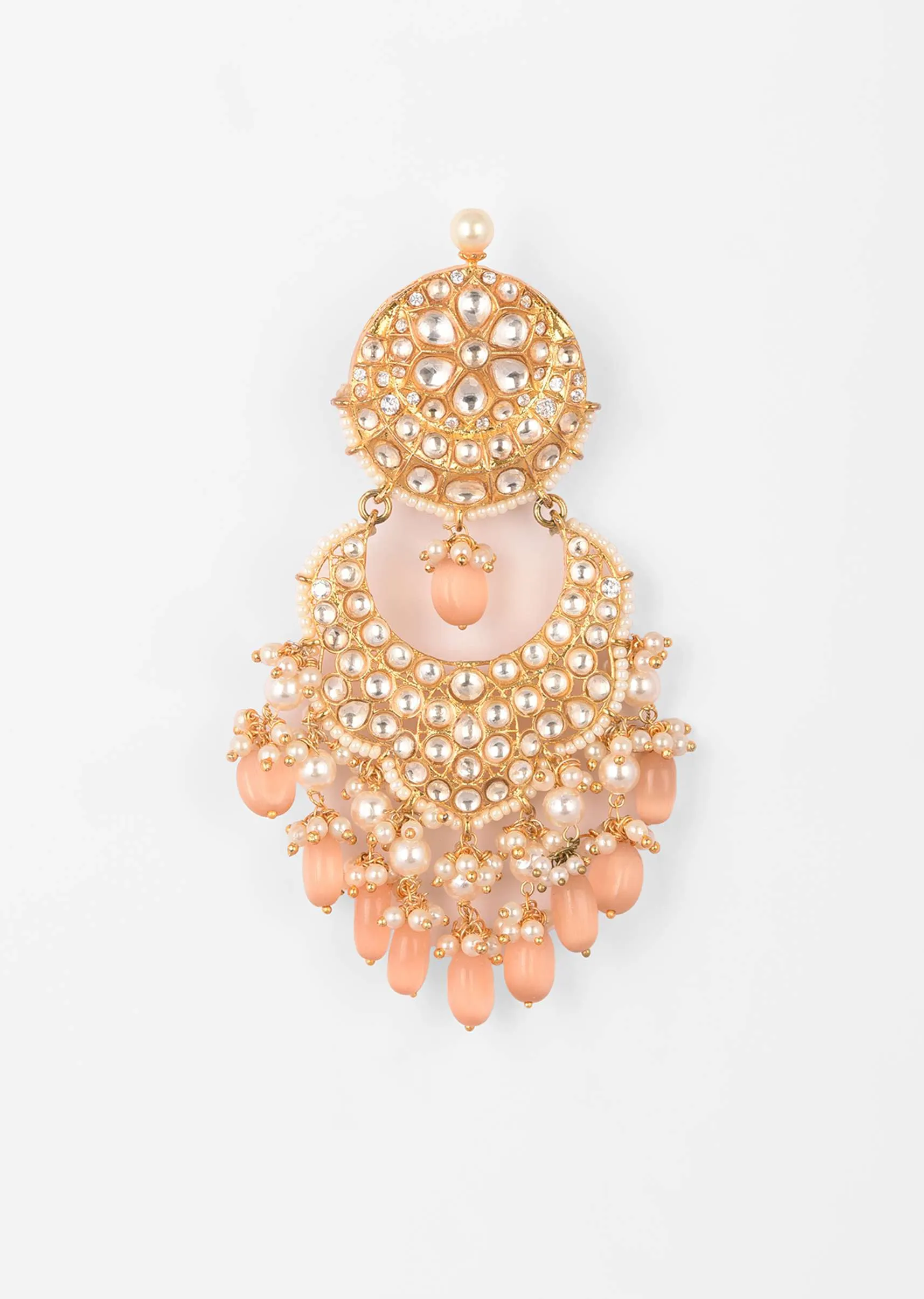 Gold Kundan Earrings With Dangling Pearl And Peach Bead Fringes