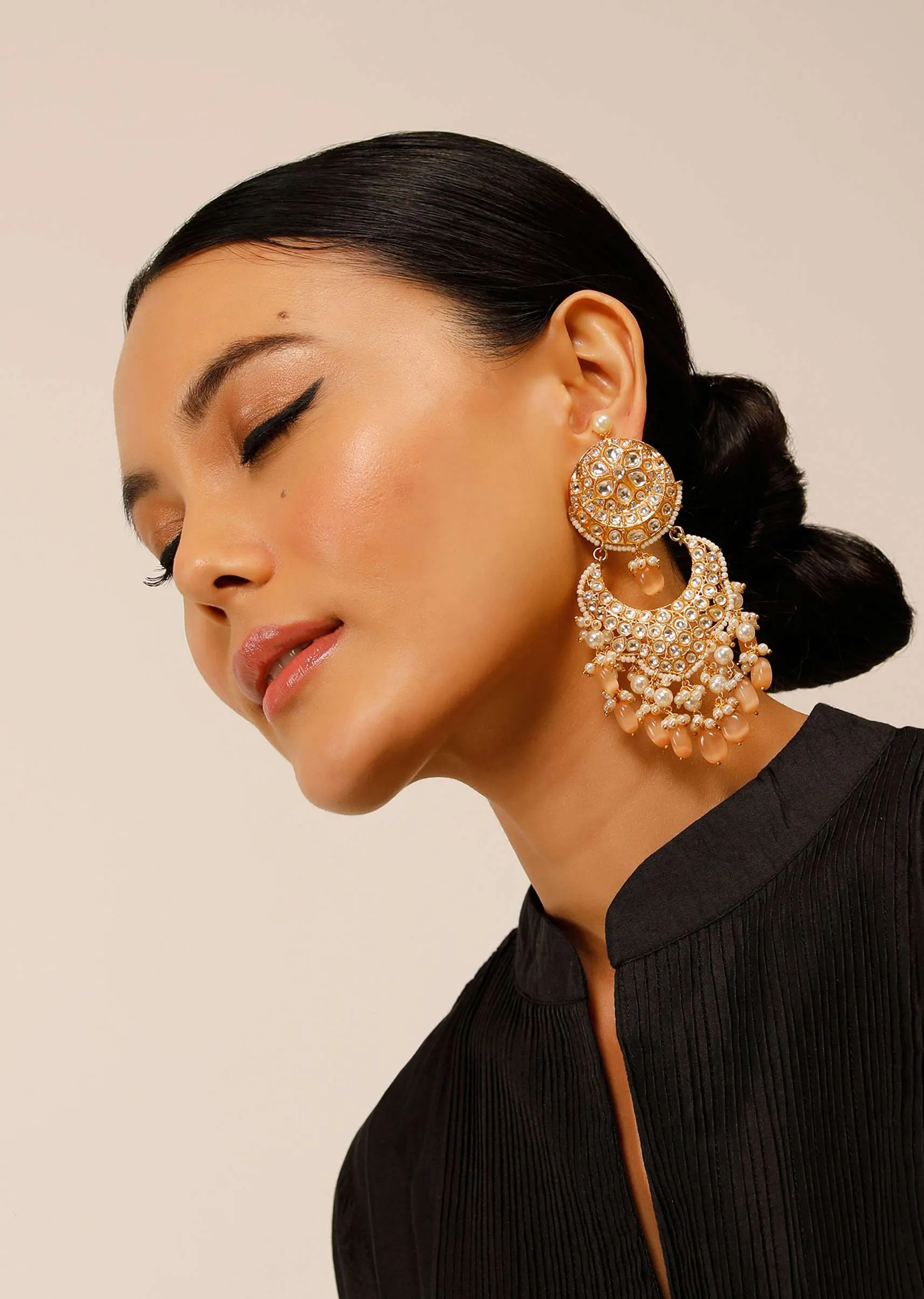 Gold Kundan Earrings With Dangling Pearl And Peach Bead Fringes