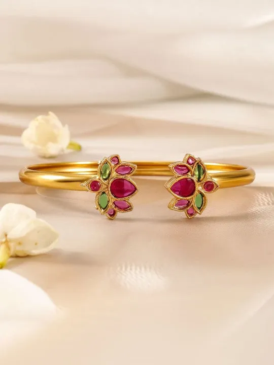 Gold-Plated Ruby & Emerald Kundan Studded Openable Kada Bangle