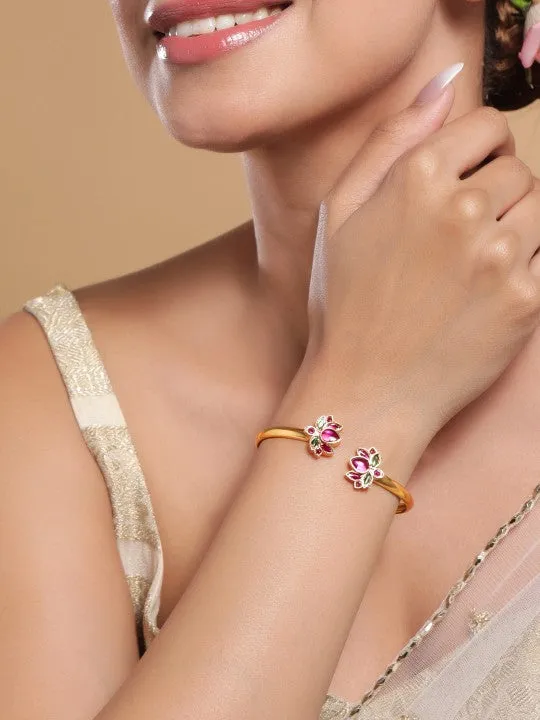 Gold-Plated Ruby & Emerald Kundan Studded Openable Kada Bangle
