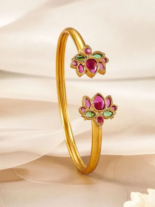 Gold-Plated Ruby & Emerald Kundan Studded Openable Kada Bangle