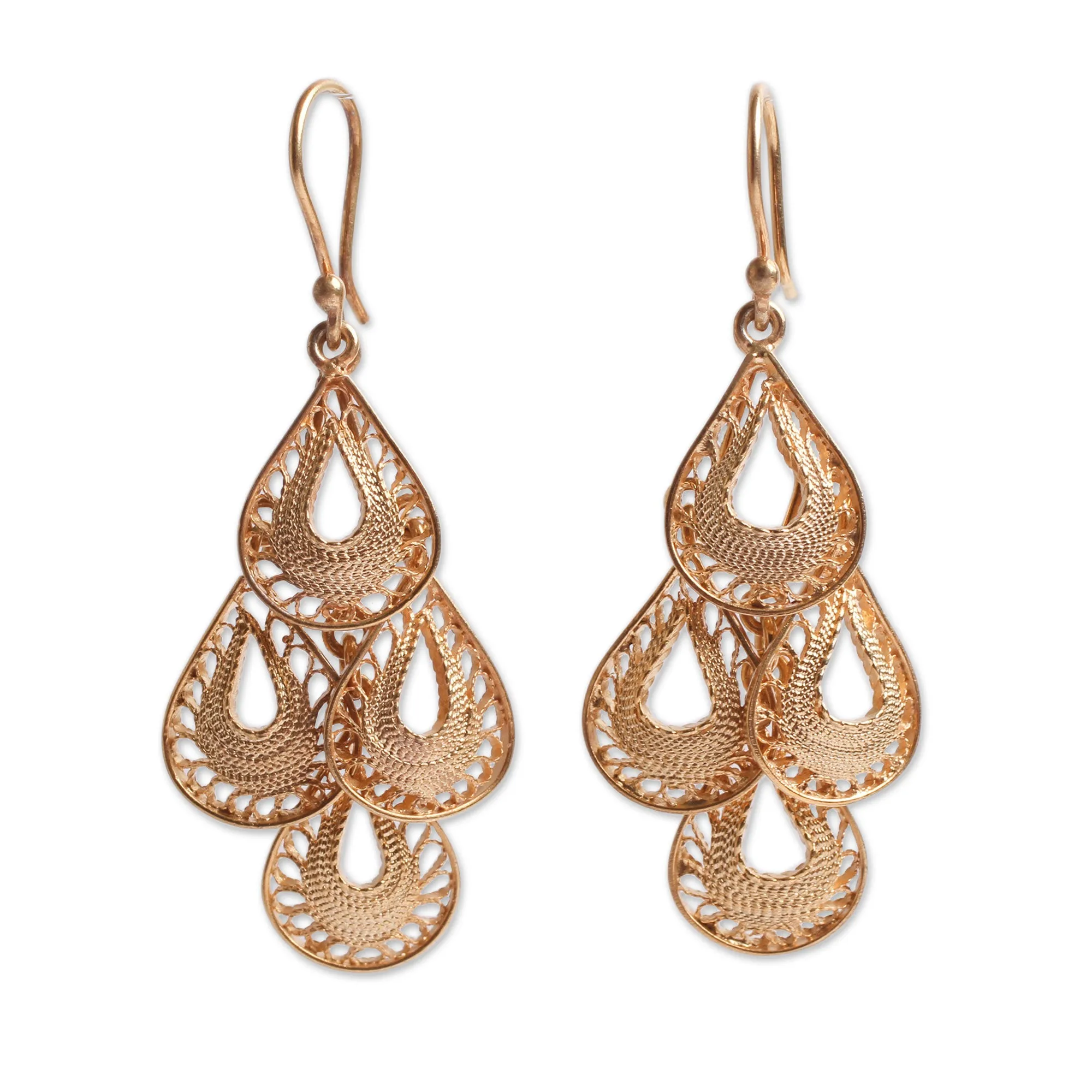 Gold Vermeil Handcrafted Filigree Chandelier Earrings - Raindrop Cascade | NOVICA