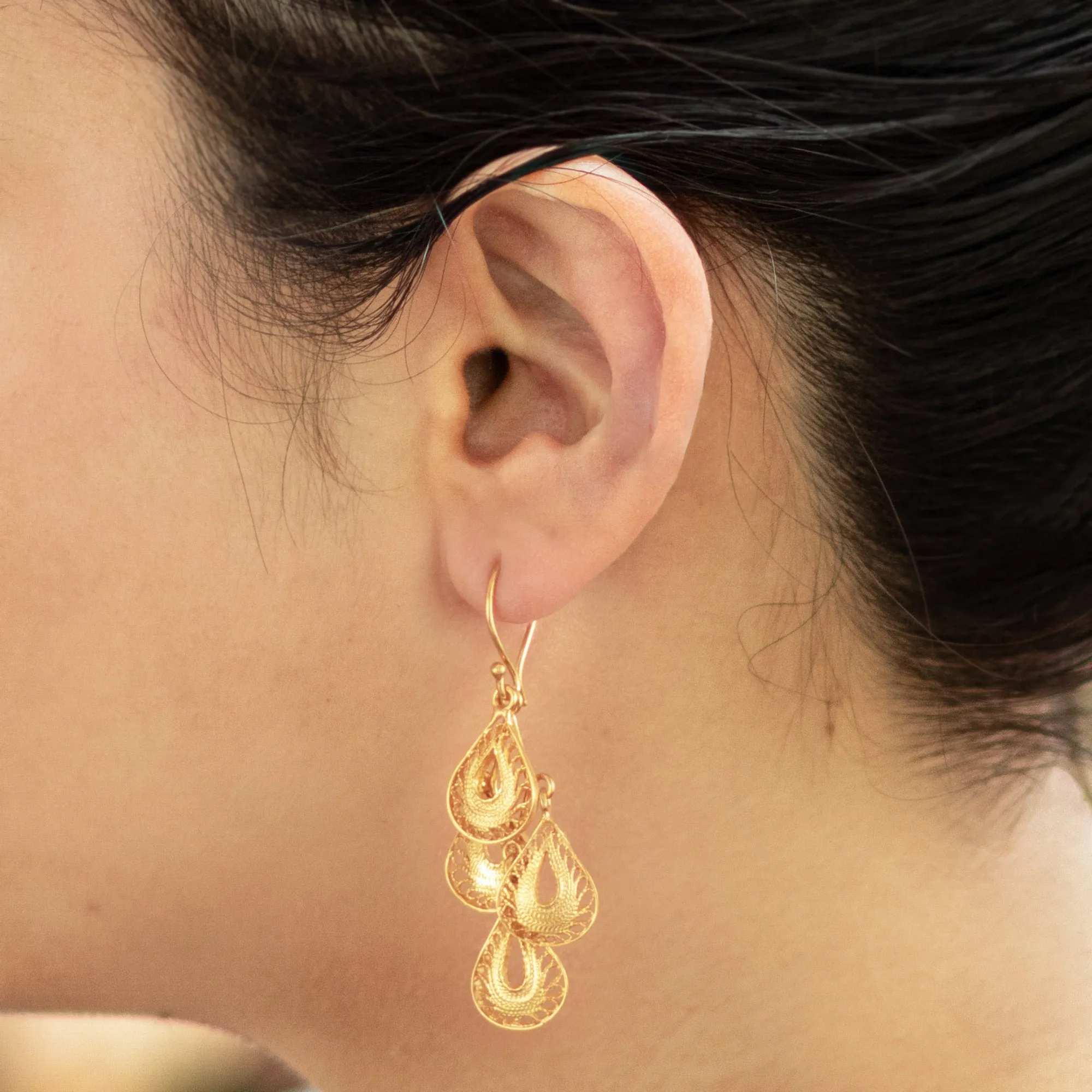 Gold Vermeil Handcrafted Filigree Chandelier Earrings - Raindrop Cascade | NOVICA