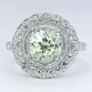 GREEN AMETHYST STERLING SILVER RING VINTAGE STYLE FILIGREE HALO ROUND ART DECO
