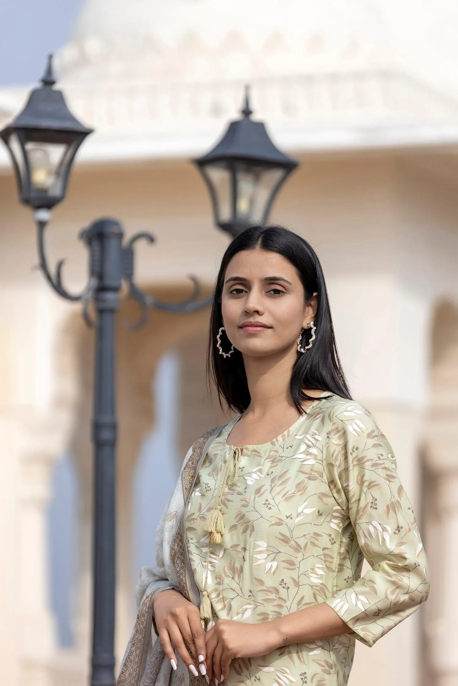 Green Floral Print Modal Silk Suit Set