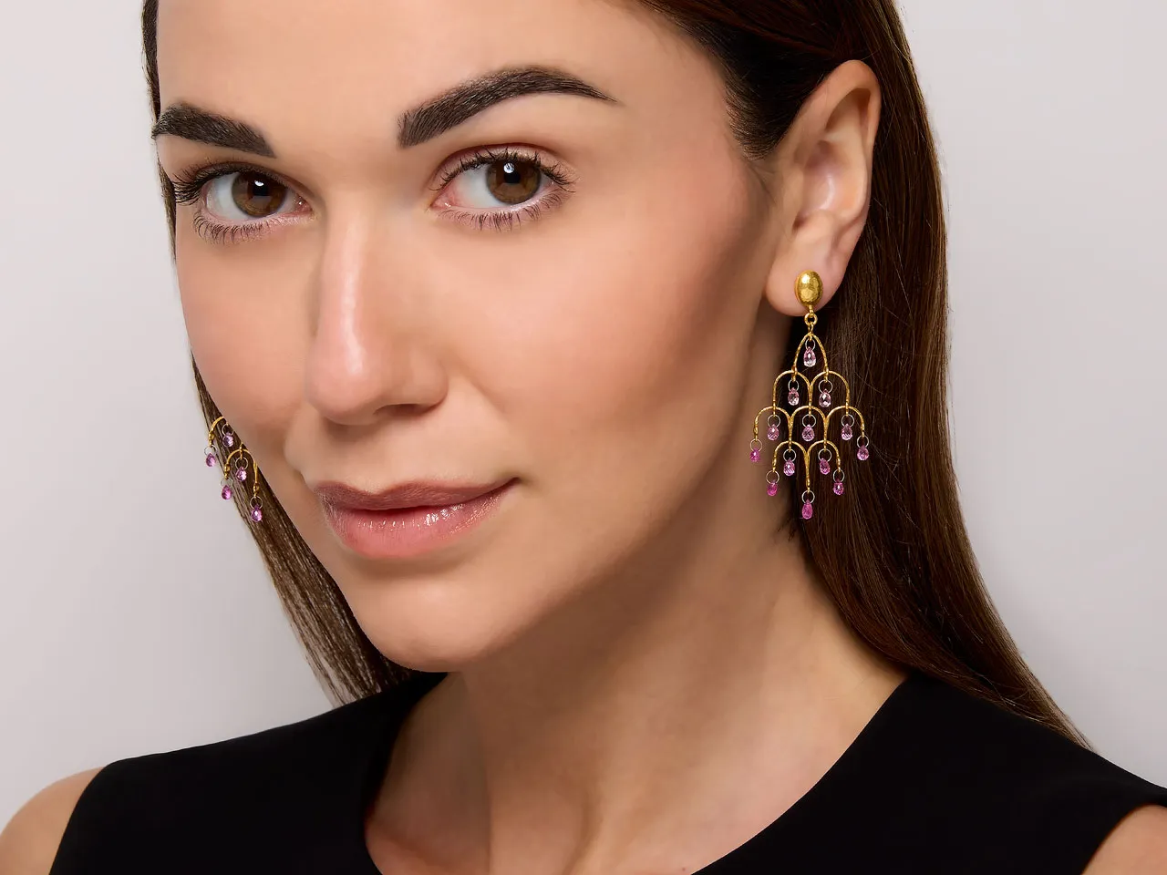 Gurhan 'Delicate Dew' Pink Sapphire Briolette Chandelier Earrings in 22K Gold