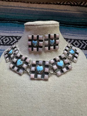 Handmade Sterling Silver, Pink Conch & Golden Hills Turquoise Set Necklace Signed Nizhoni