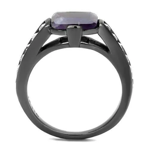 IP Light Black (IP Gun) Stainless Steel Ring with Precious Stone Amethyst Crystal in Amethyst for Women Style TK2832