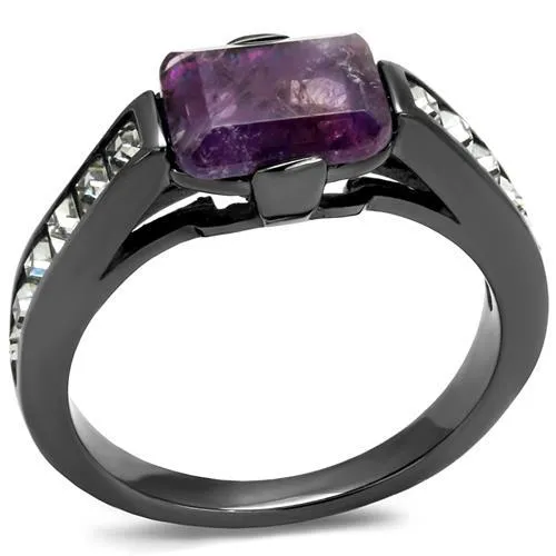 IP Light Black (IP Gun) Stainless Steel Ring with Precious Stone Amethyst Crystal in Amethyst for Women Style TK2832