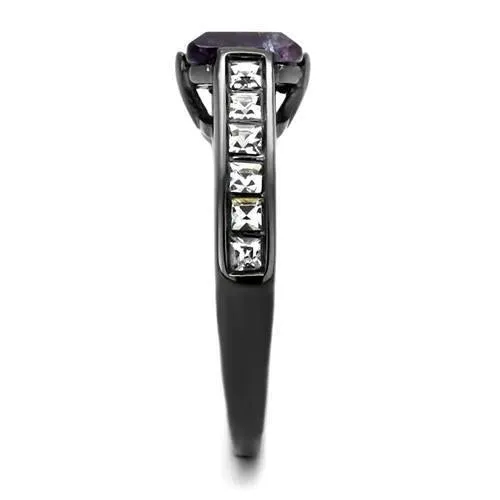 IP Light Black (IP Gun) Stainless Steel Ring with Precious Stone Amethyst Crystal in Amethyst for Women Style TK2832