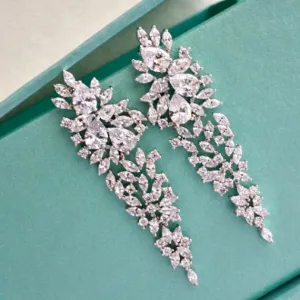 Long Crystal Chandelier Earrings, Art Deco CZ Cluster Wedding Earrings, Long Cubic Zirconia Bridal Earrings, Wedding Jewelry