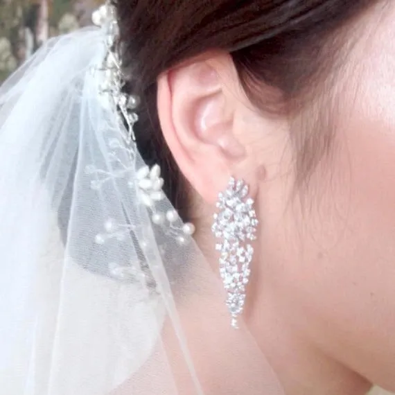Long Crystal Chandelier Earrings, Art Deco CZ Cluster Wedding Earrings, Long Cubic Zirconia Bridal Earrings, Wedding Jewelry