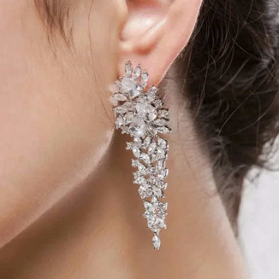 Long Crystal Chandelier Earrings, Art Deco CZ Cluster Wedding Earrings, Long Cubic Zirconia Bridal Earrings, Wedding Jewelry