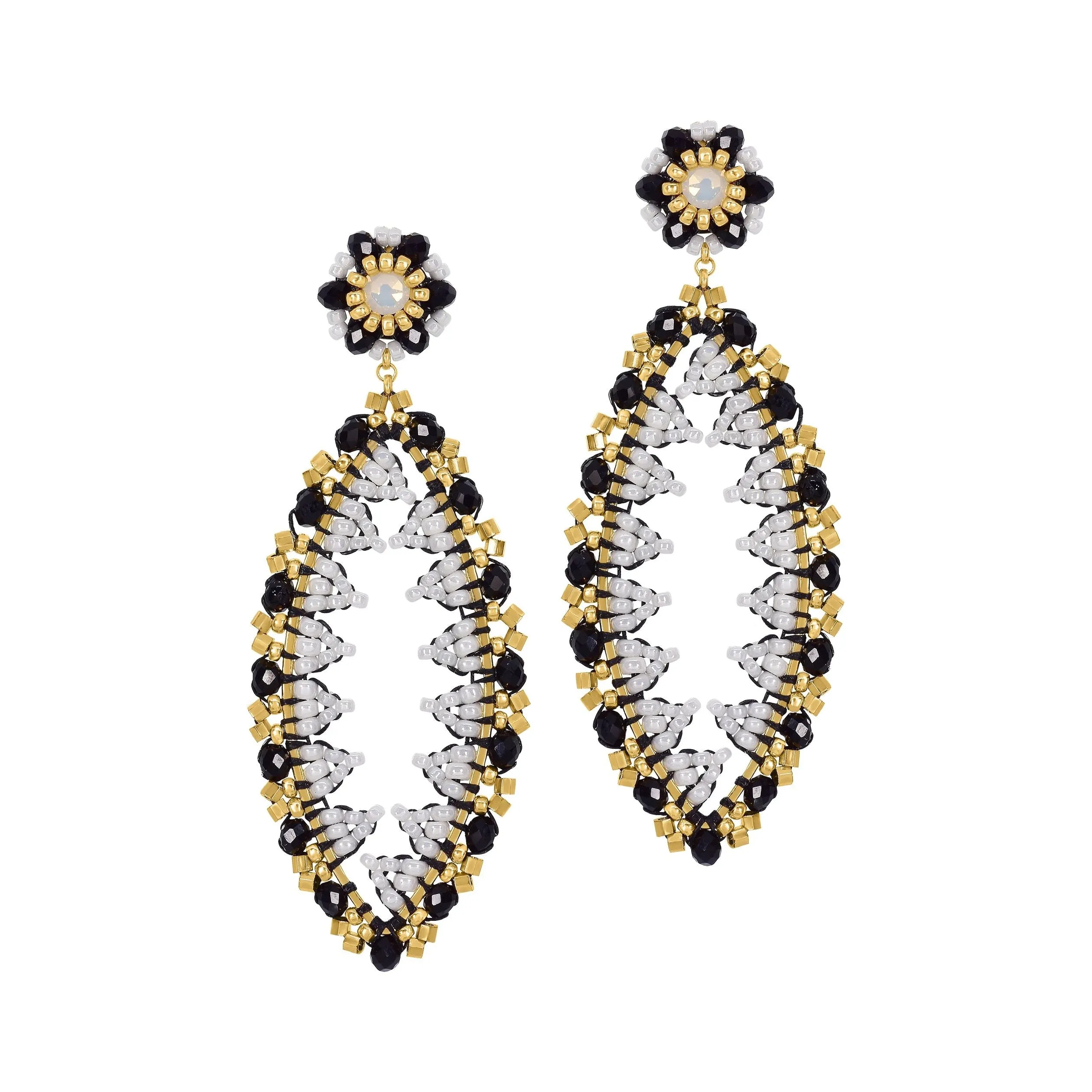 MIGUEL ASES OPEN MARQUIS JET & GOLD EARRINGS
