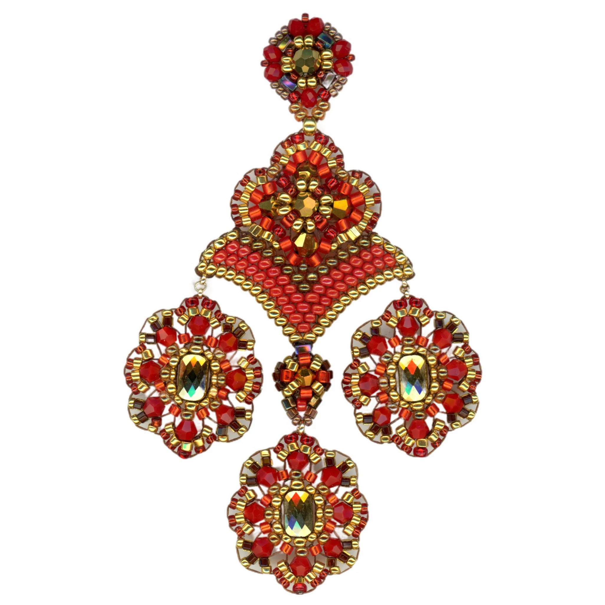 MIGUEL ASES RED AND GOLD 3 DROP BEADED CHANDELIER EARRINGS