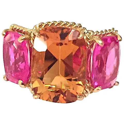 Mini Three-Stone Amethyst Ring and Pink Topaz with Rose Gold Rope Twist Border