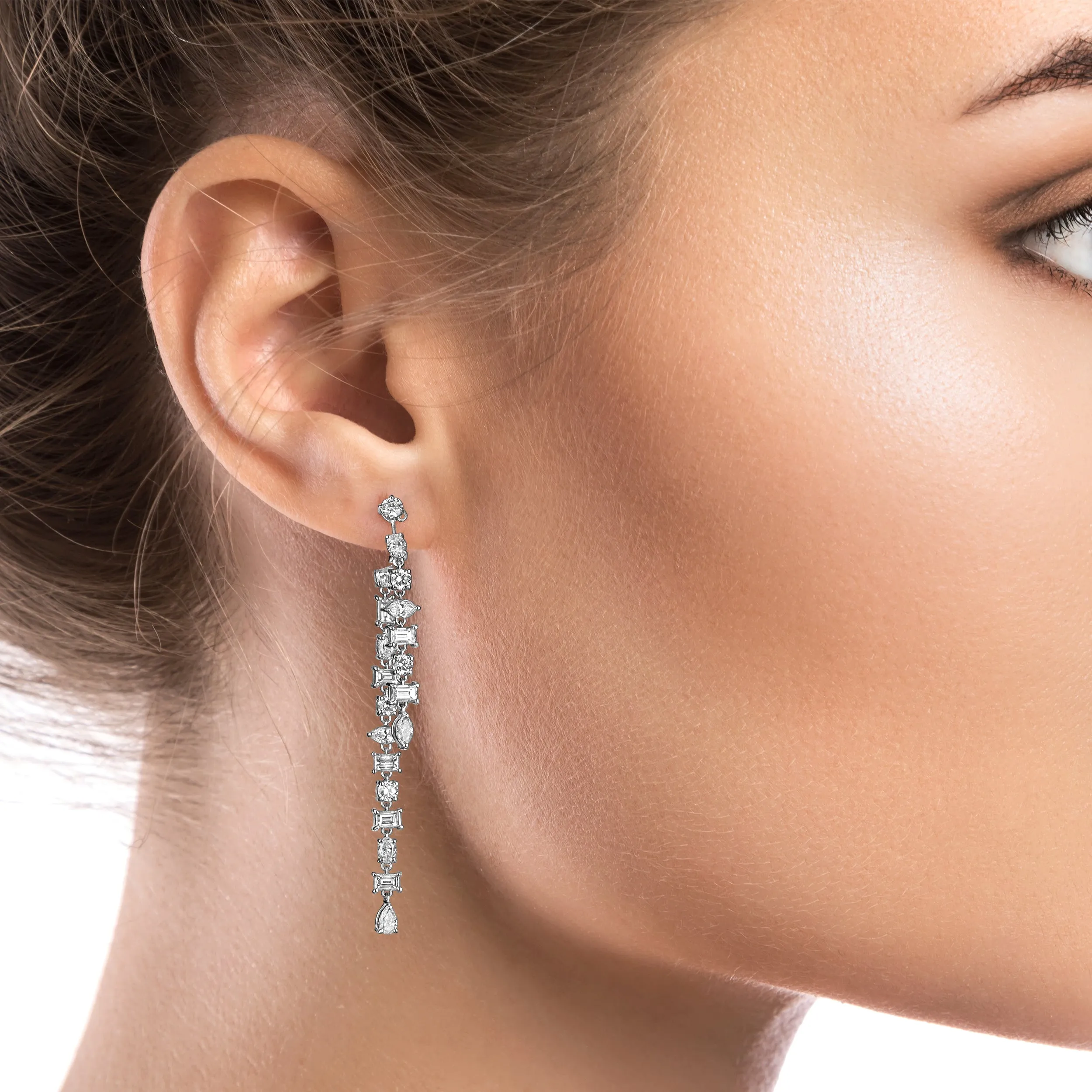 Multi Cut Diamond 18K White Gold Drop Chandelier Earrings