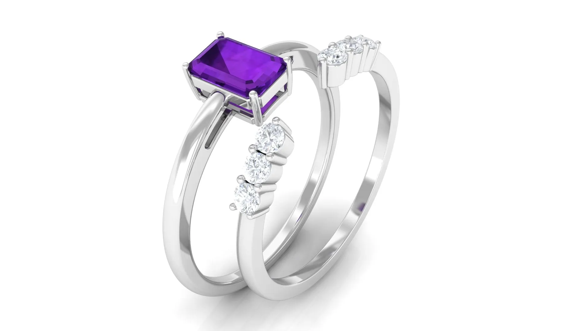 Natural Amethyst and Diamond Stackable Ring Set