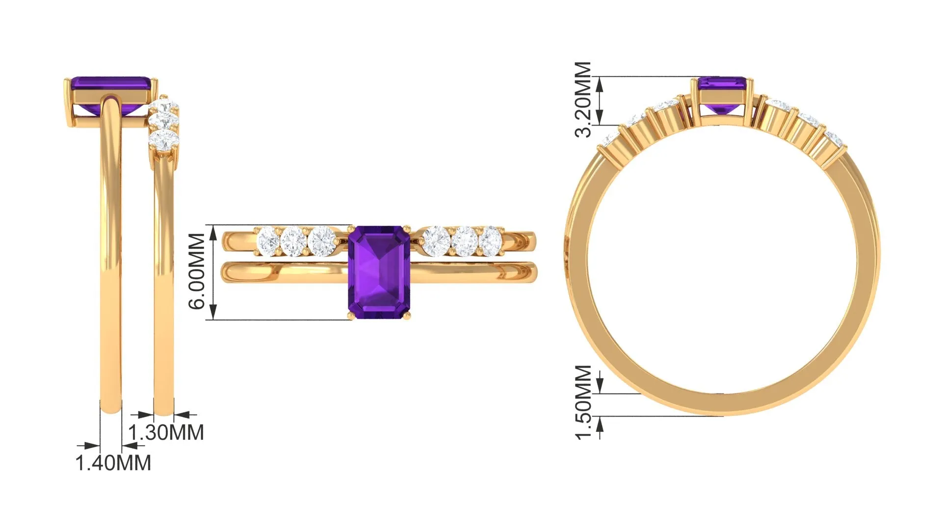 Natural Amethyst and Diamond Stackable Ring Set
