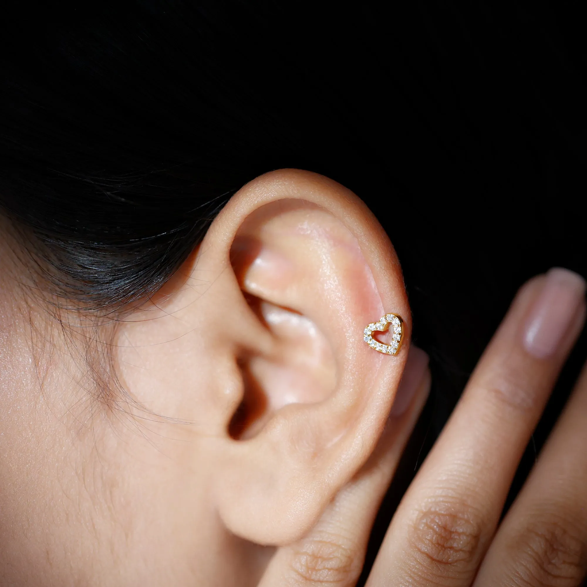 Natural Diamond Open Heart Earring for Helix Piercing