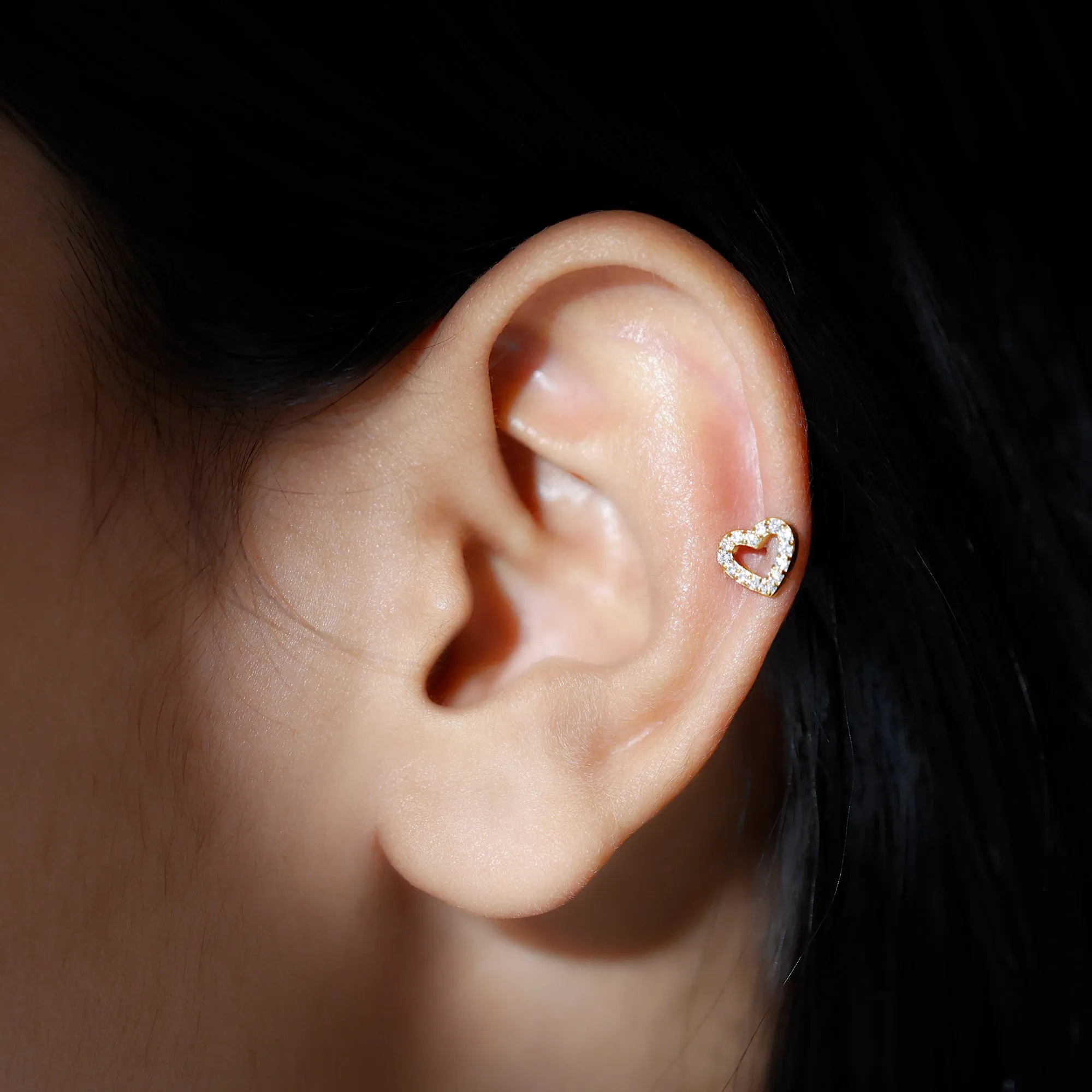 Natural Diamond Open Heart Earring for Helix Piercing