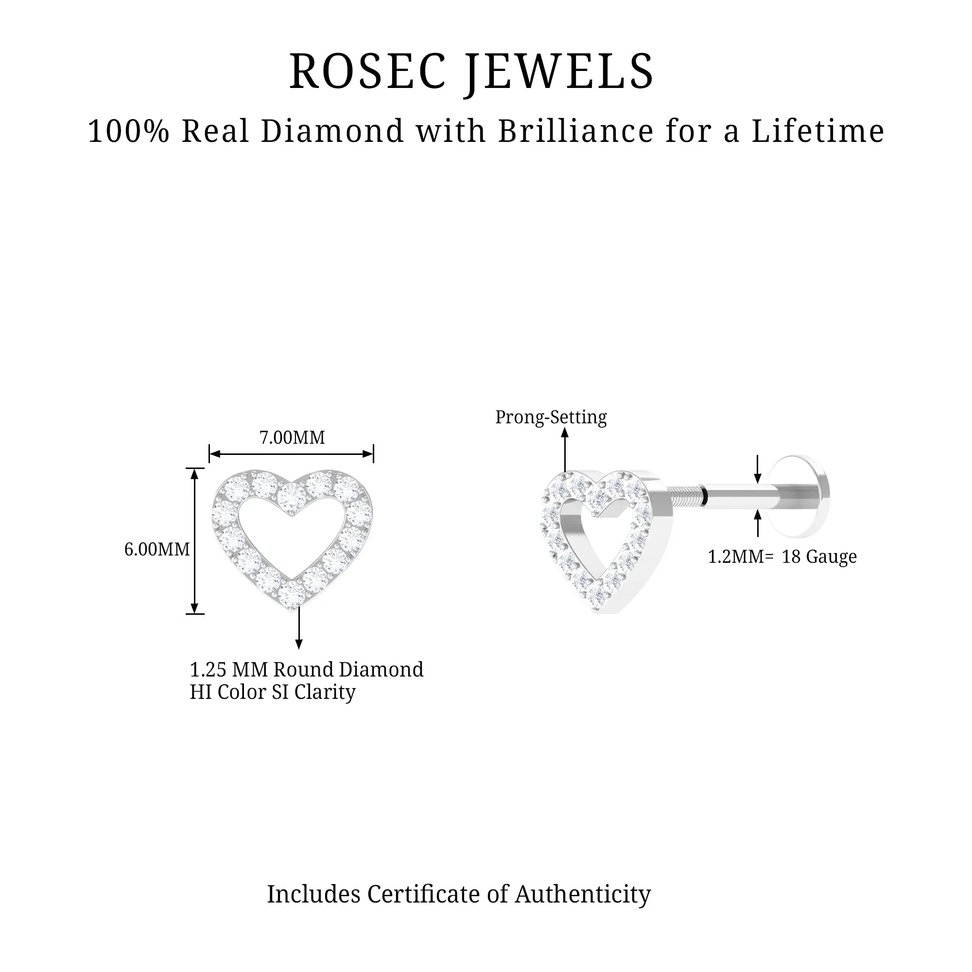 Natural Diamond Open Heart Earring for Helix Piercing