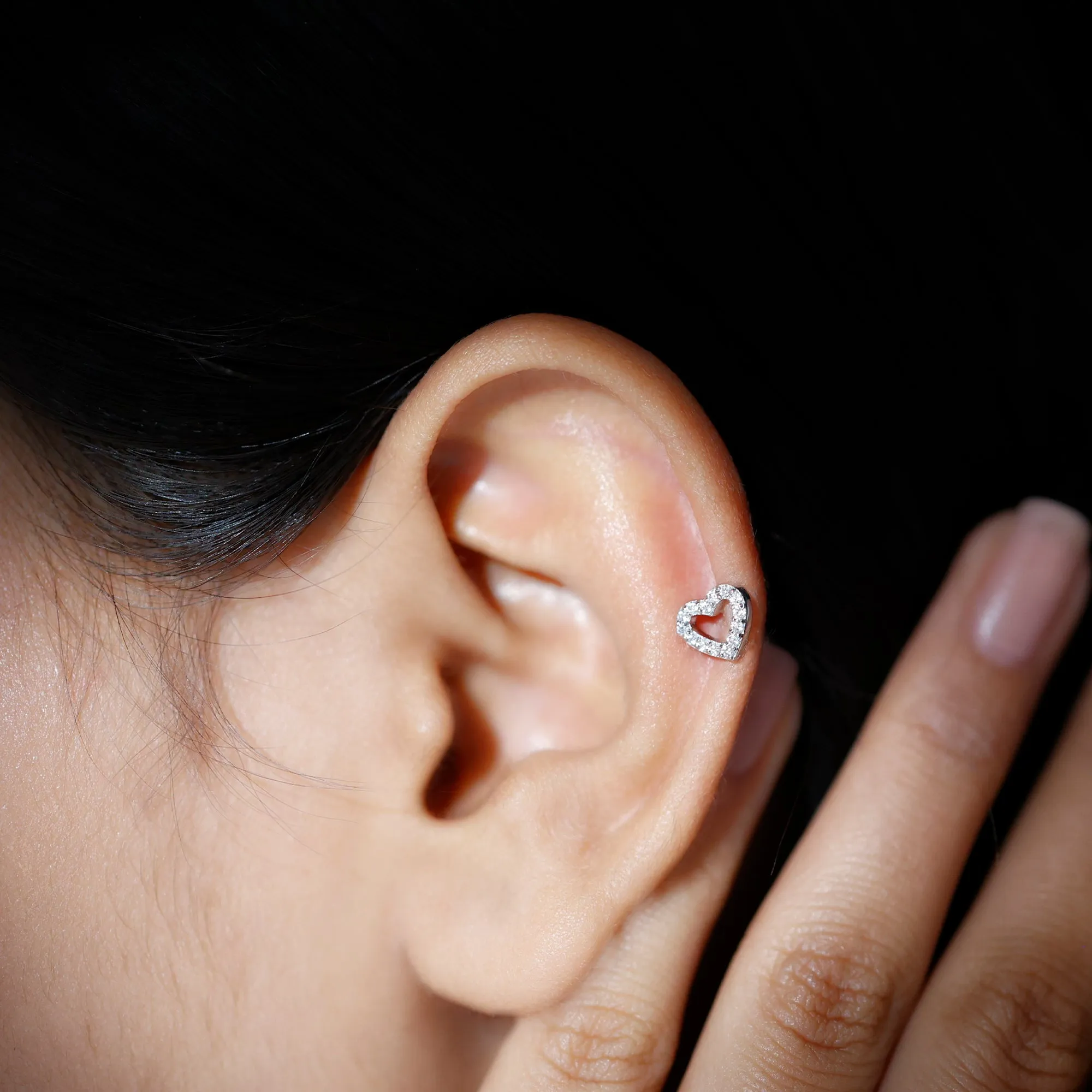 Natural Diamond Open Heart Earring for Helix Piercing