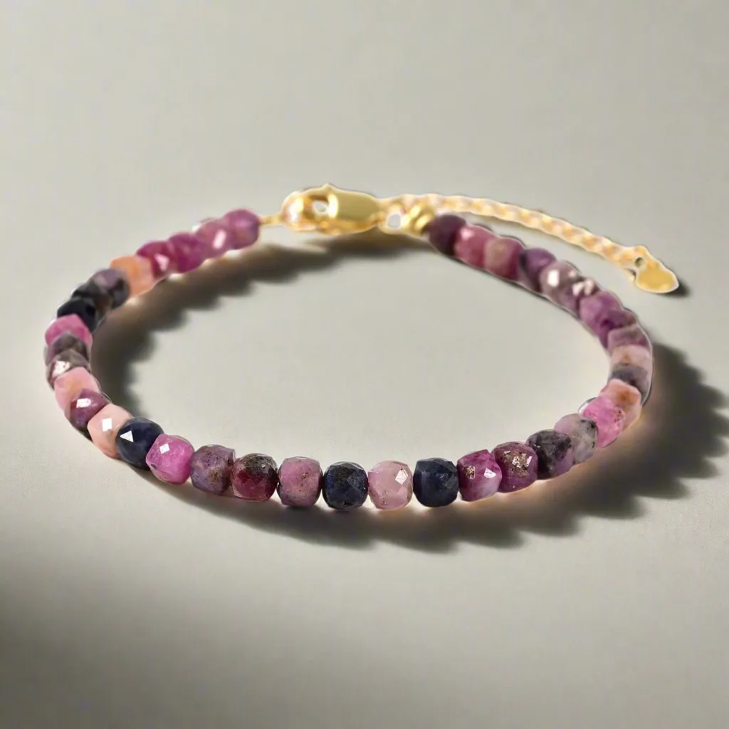 Natural Ruby Sapphire Faceted 4mm Barrel Bracelet with Sterling Silver Extender