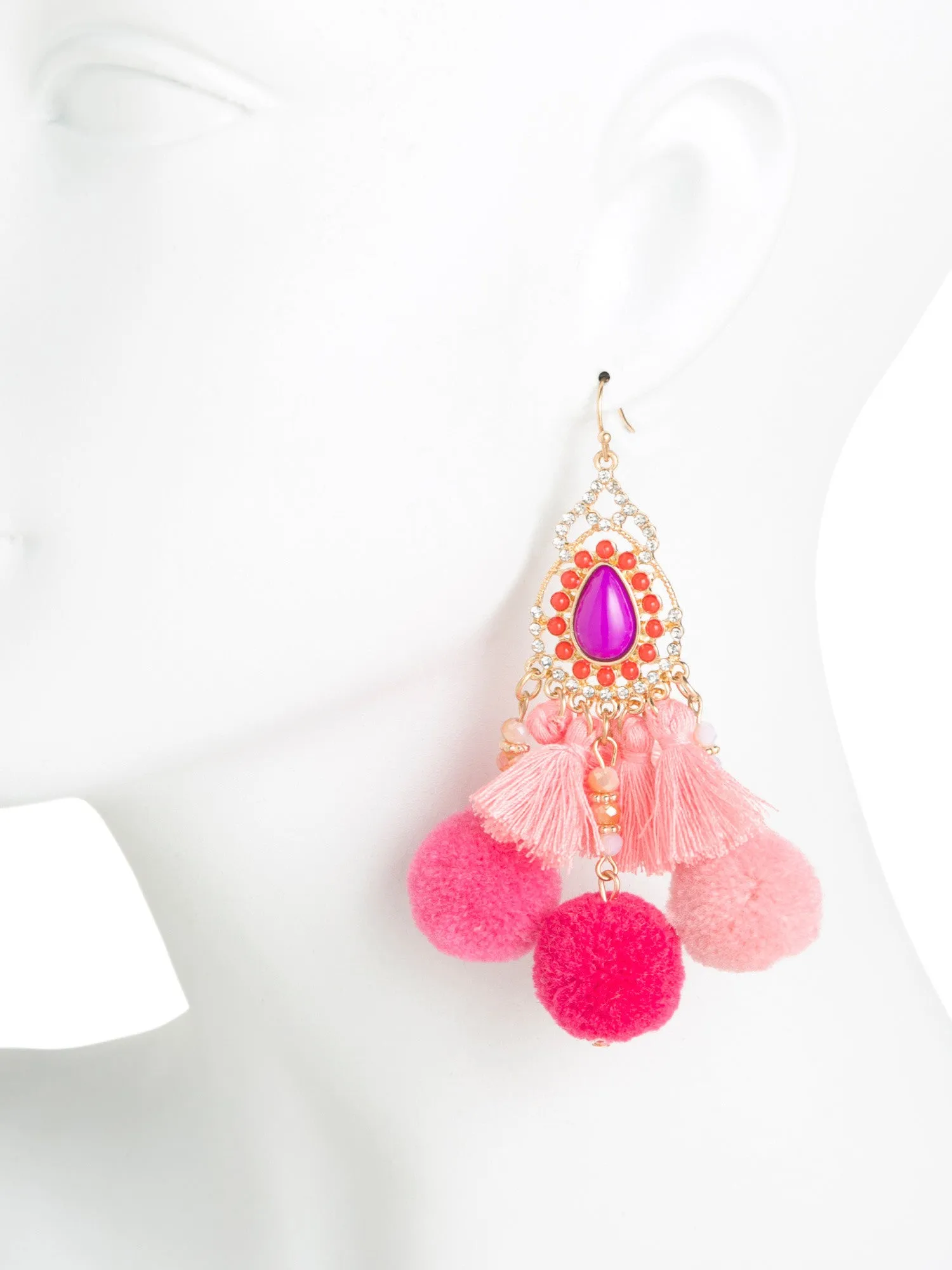 NOIR Pom Pom Chandelier Pink Earrings