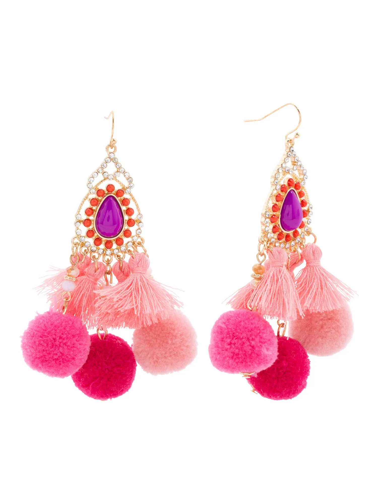 NOIR Pom Pom Chandelier Pink Earrings