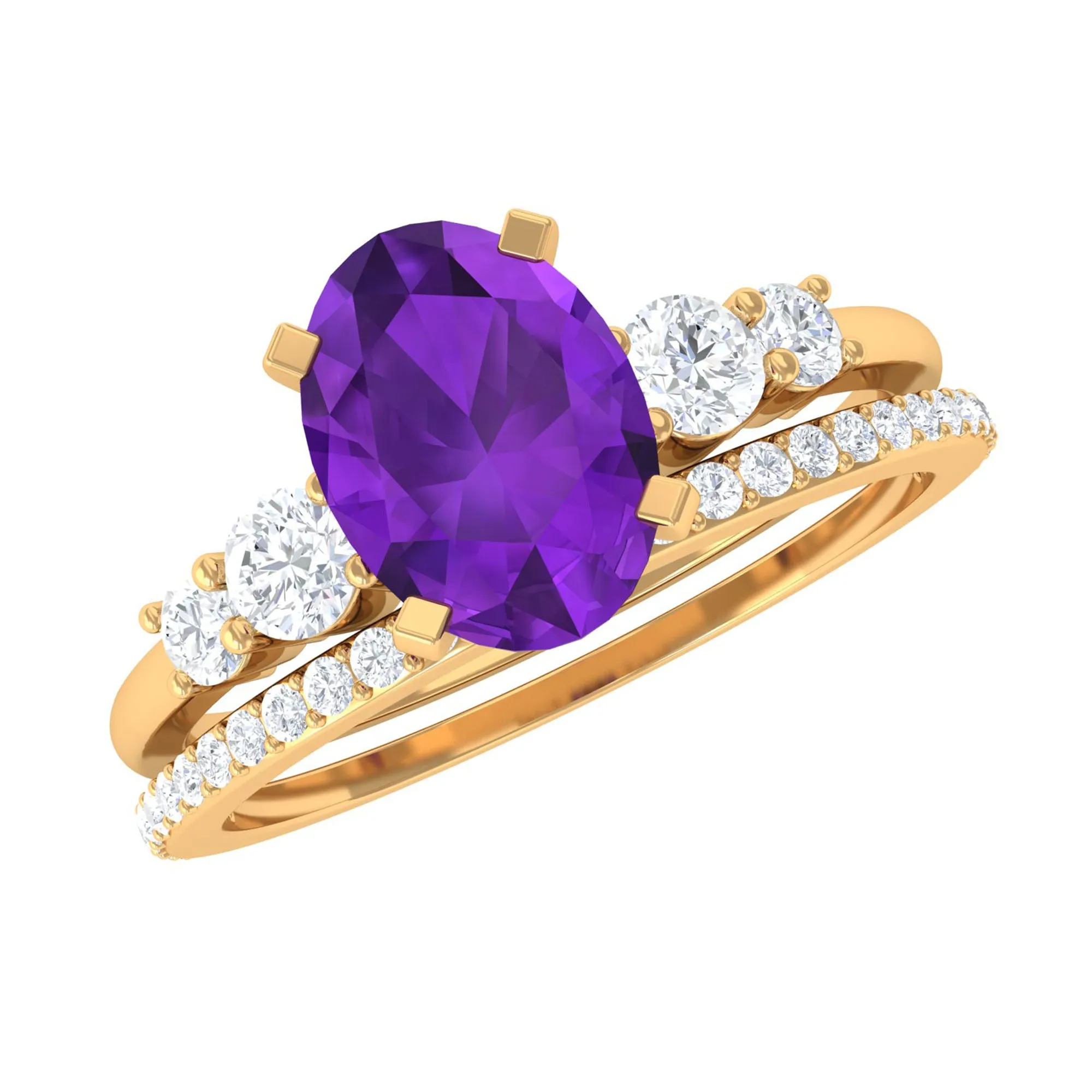 Oval Amethyst Solitaire Ring Set with Diamond
