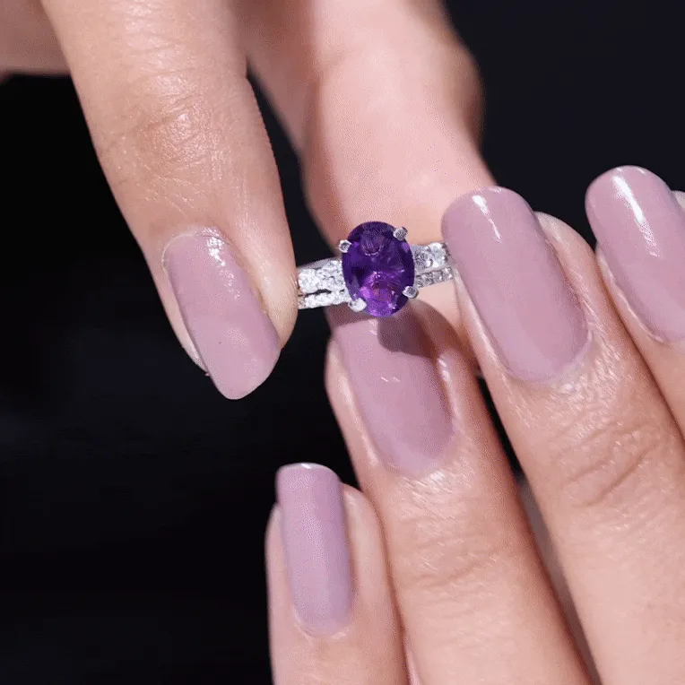 Oval Amethyst Solitaire Ring Set with Diamond