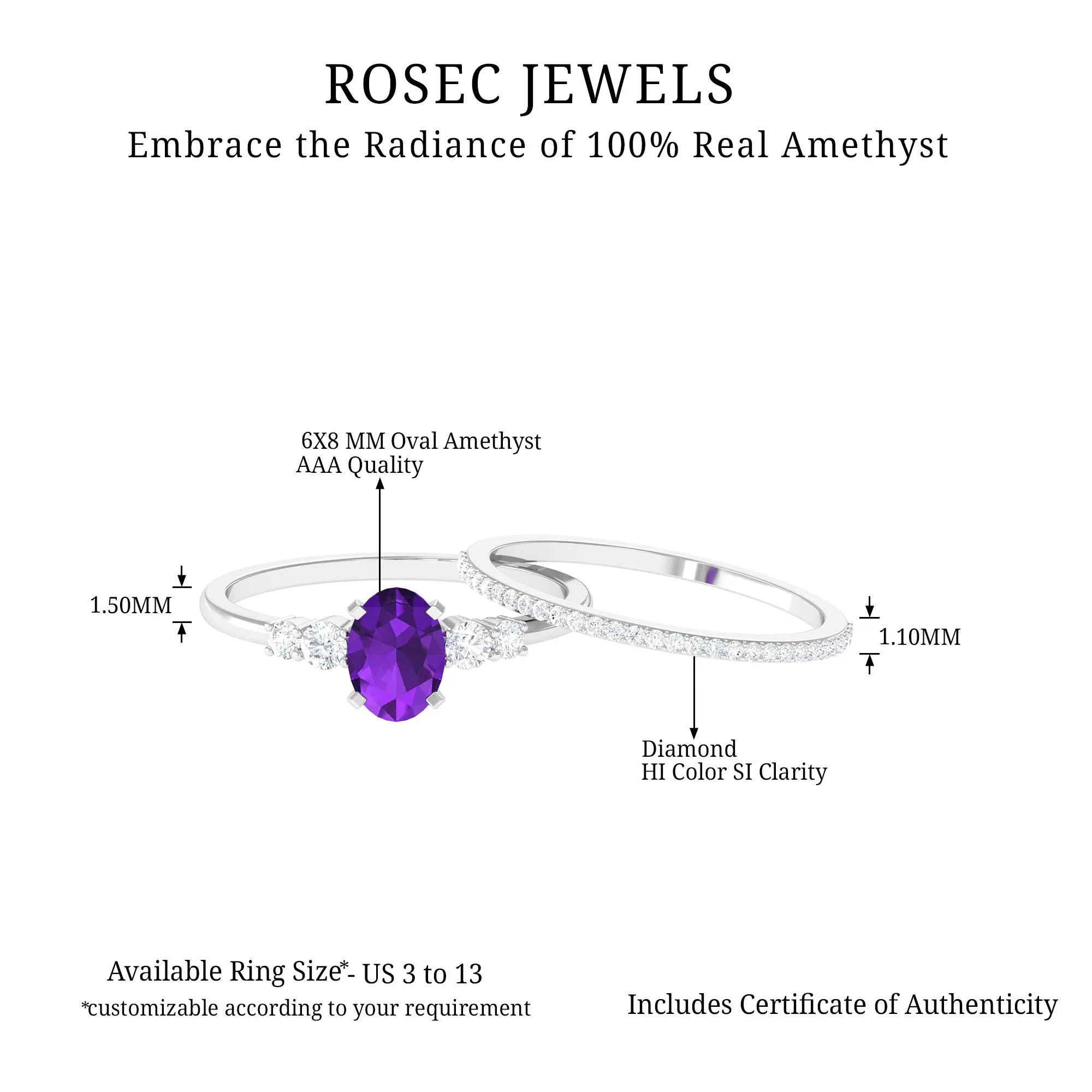 Oval Amethyst Solitaire Ring Set with Diamond