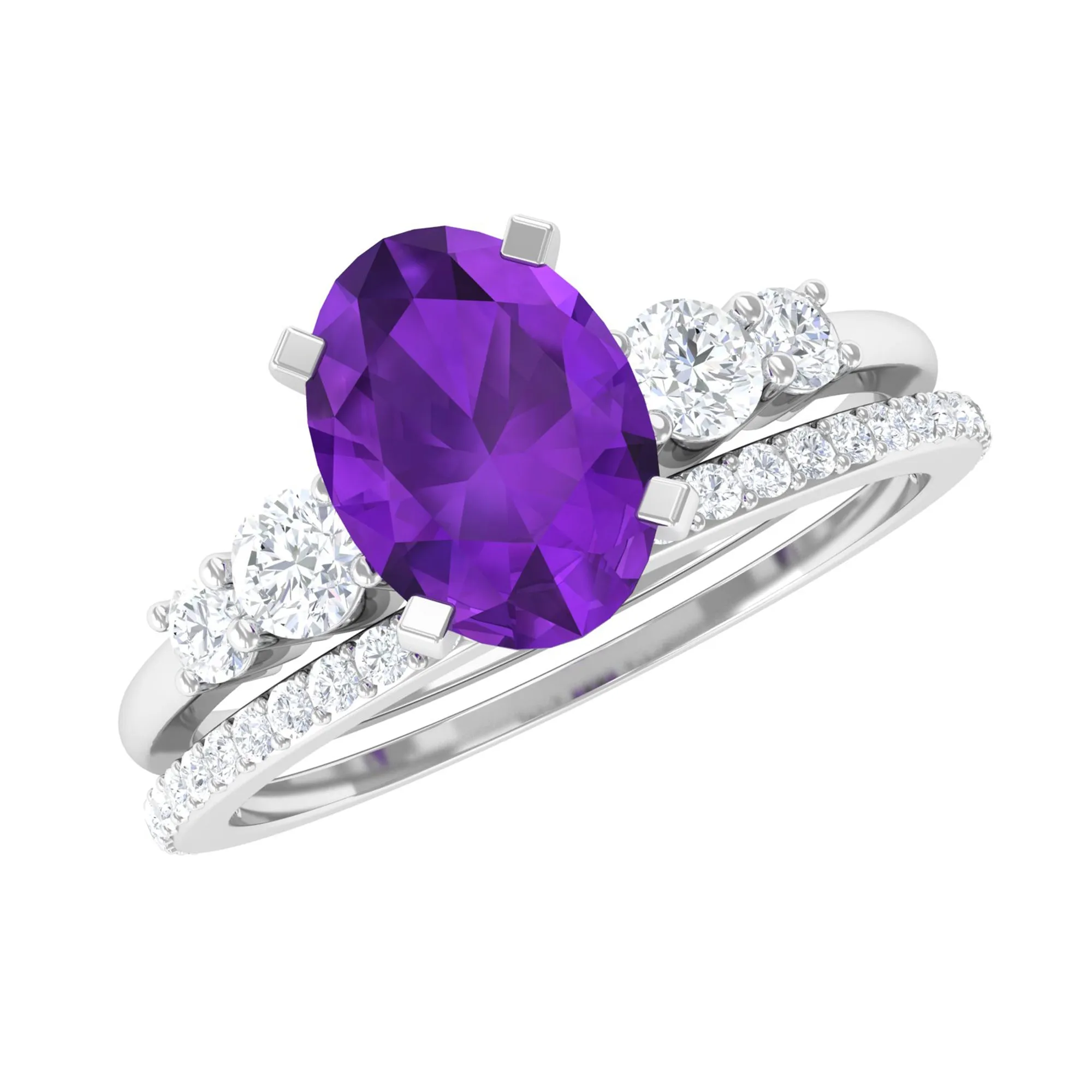Oval Amethyst Solitaire Ring Set with Diamond