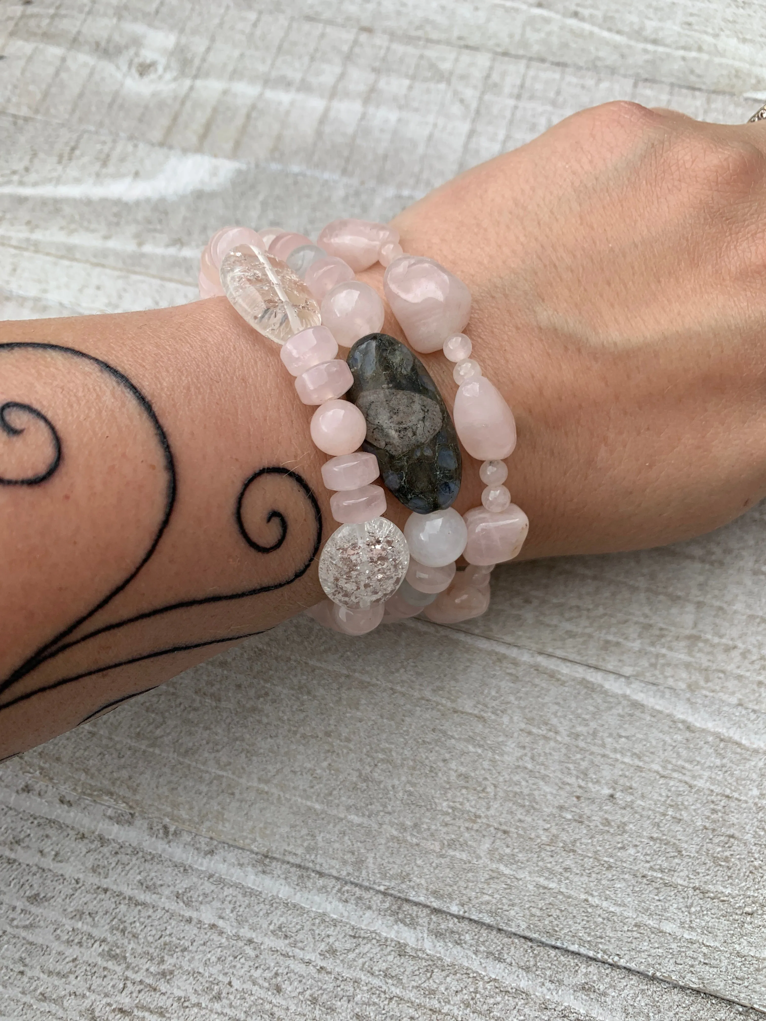 Pink quartz bracelet stack
