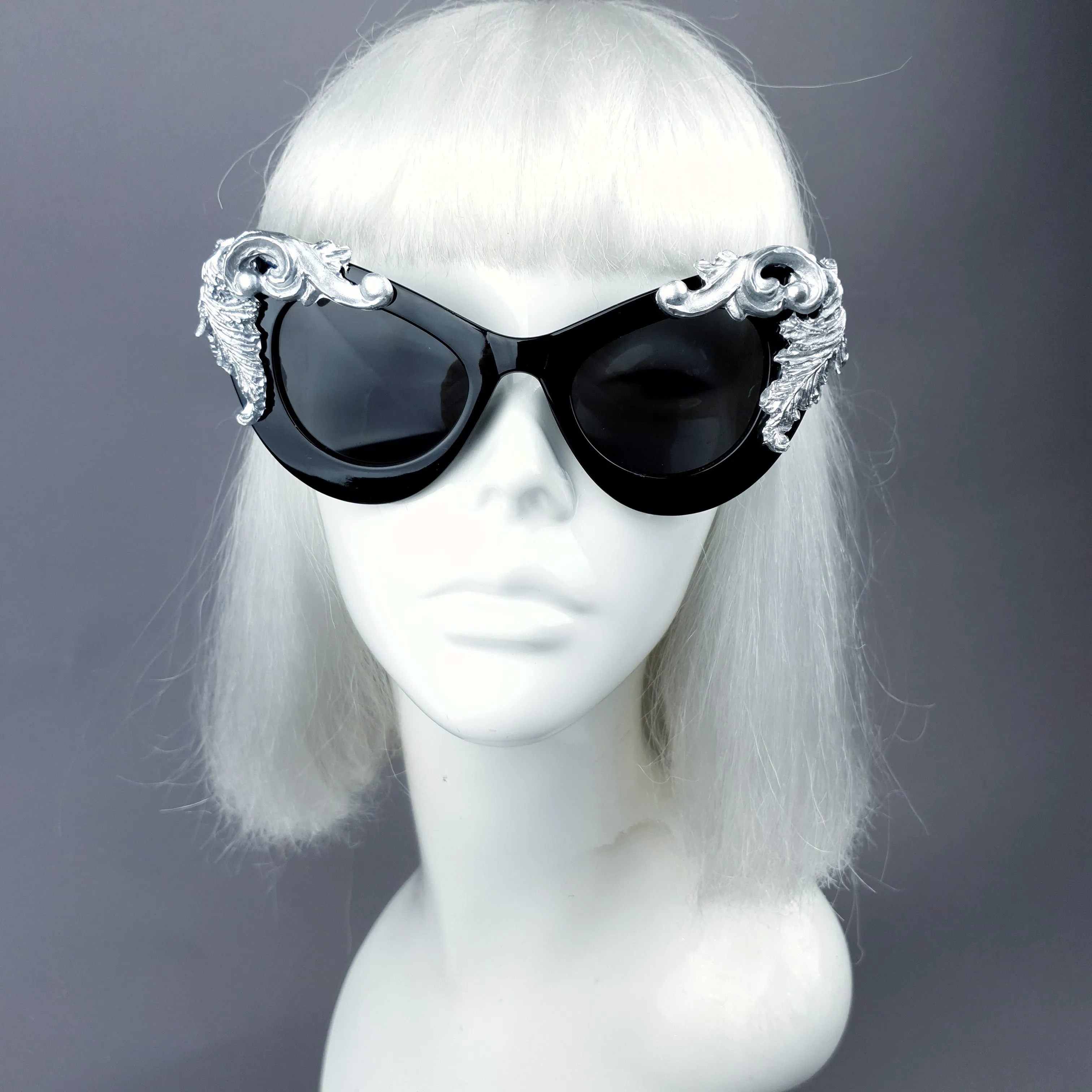 "Amara" Black & Silver Filigree Catseye Sunglasses