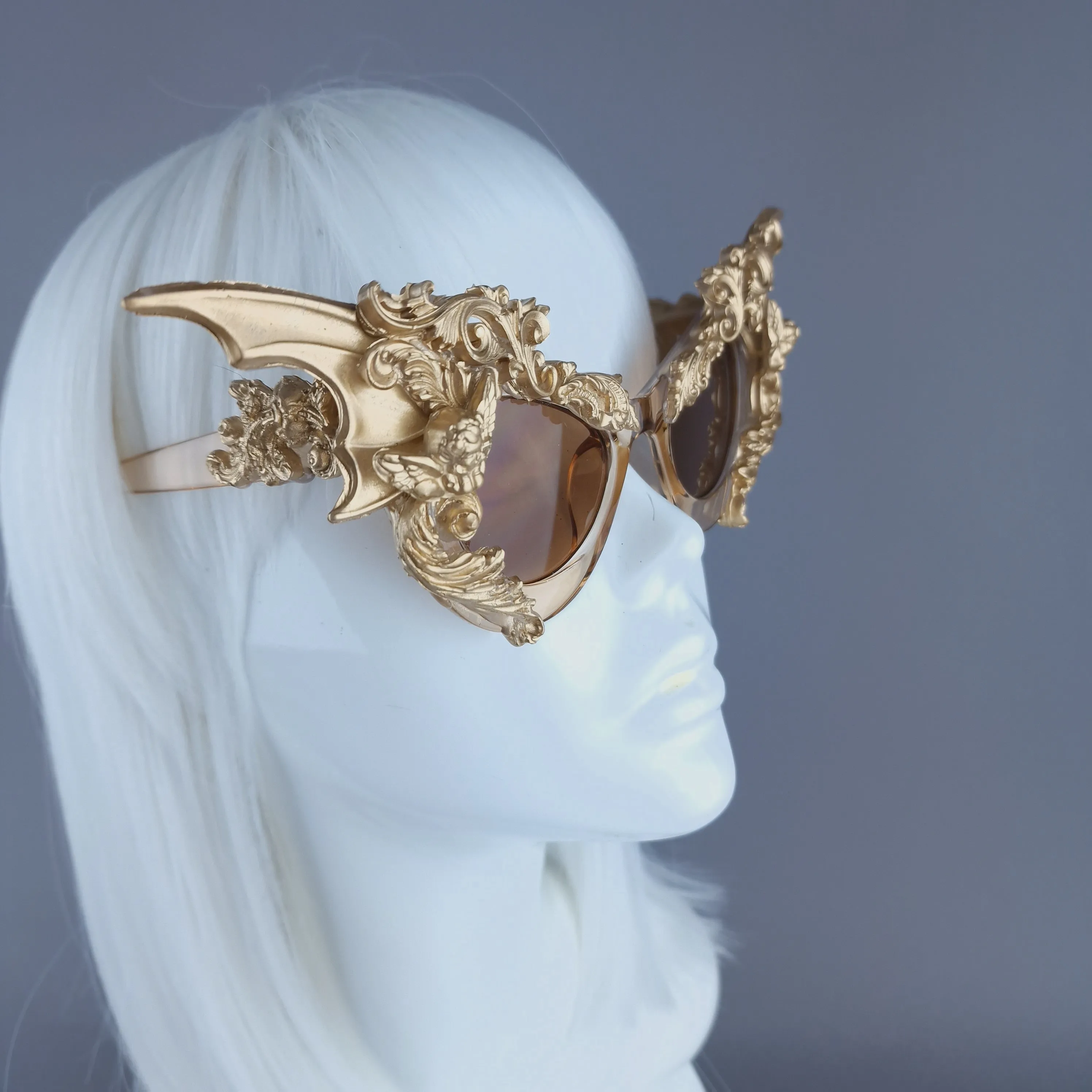 "Bathory" Gold Filigree Ornate Bat Wing & Cherub  Sunglasses