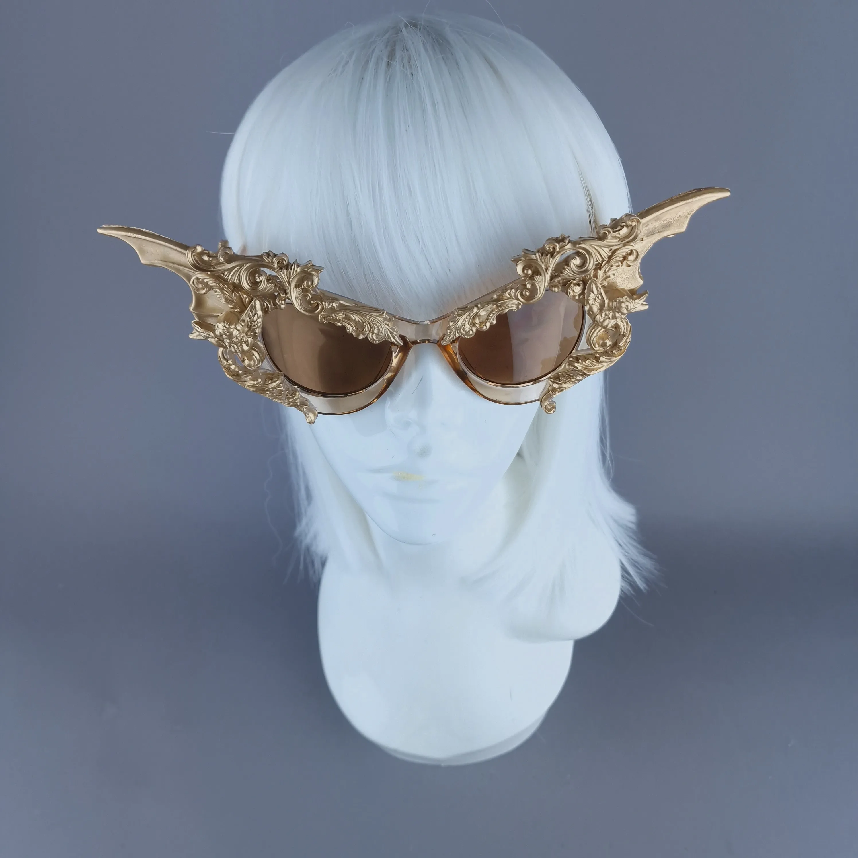 "Bathory" Gold Filigree Ornate Bat Wing & Cherub  Sunglasses