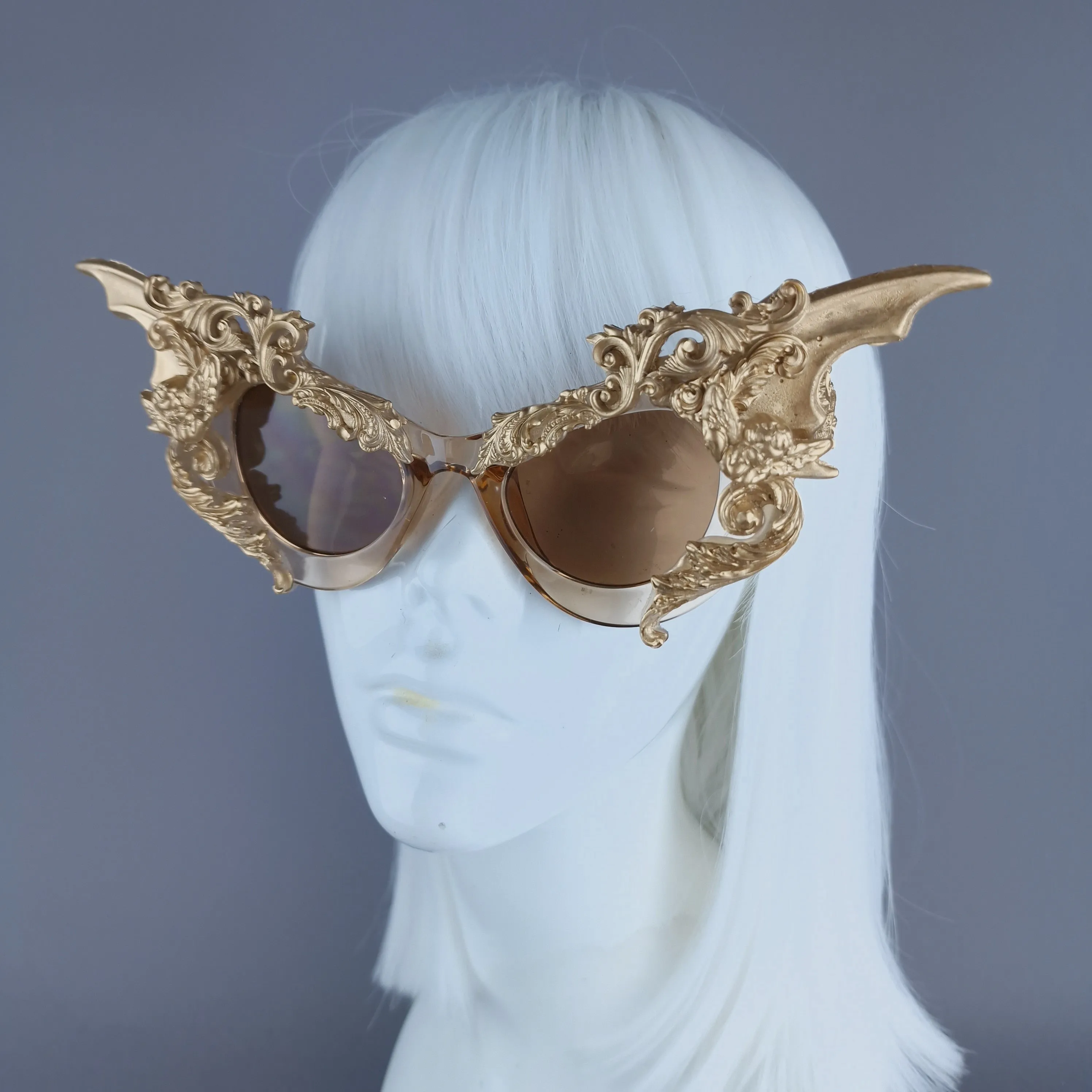 "Bathory" Gold Filigree Ornate Bat Wing & Cherub  Sunglasses