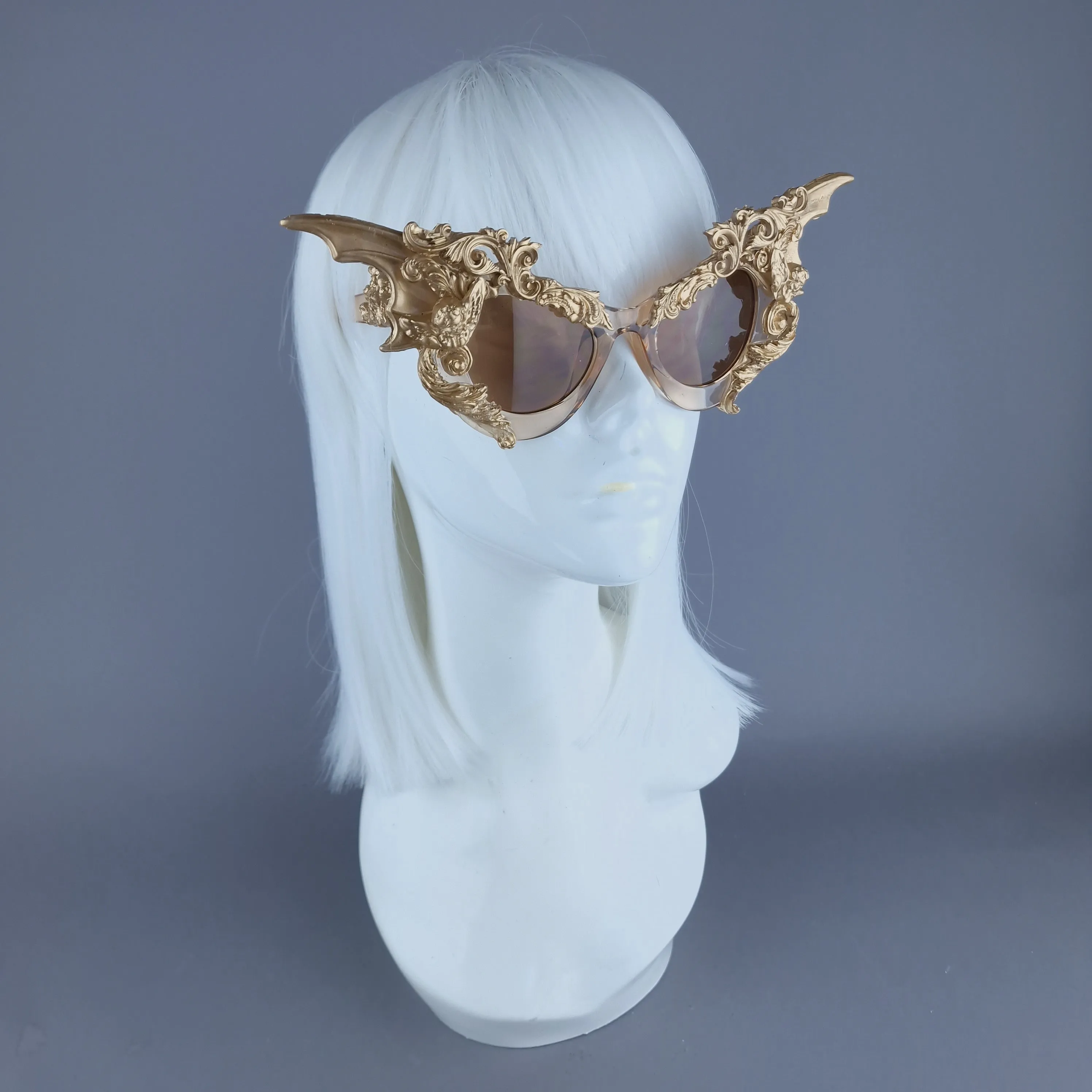 "Bathory" Gold Filigree Ornate Bat Wing & Cherub  Sunglasses