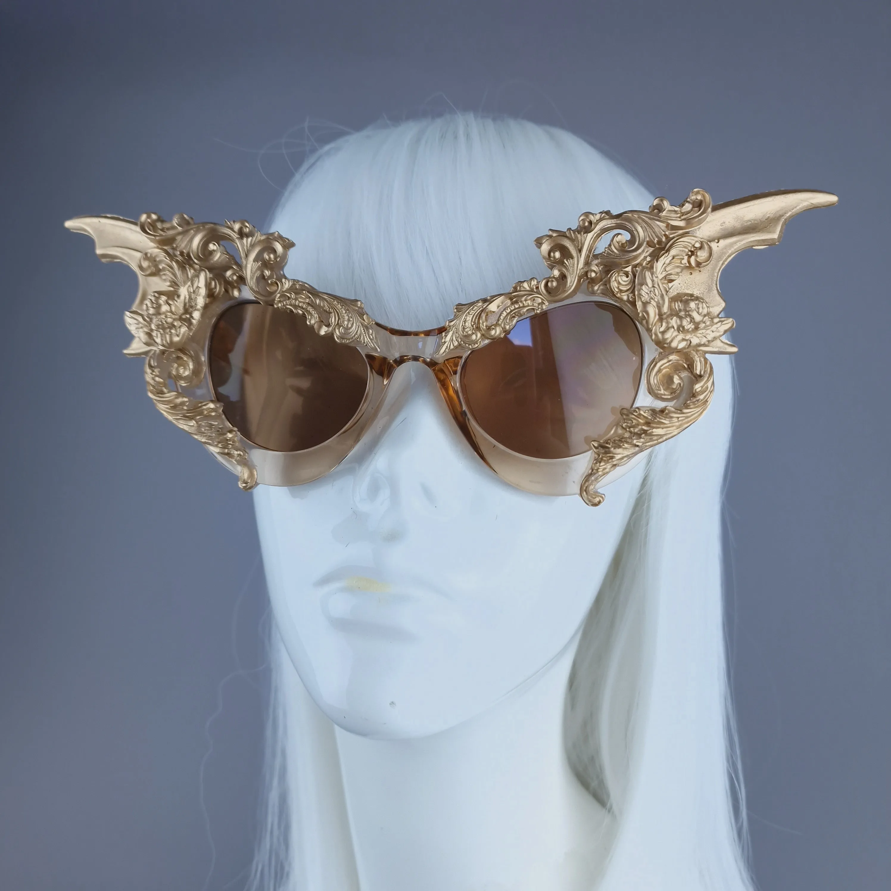 "Bathory" Gold Filigree Ornate Bat Wing & Cherub  Sunglasses
