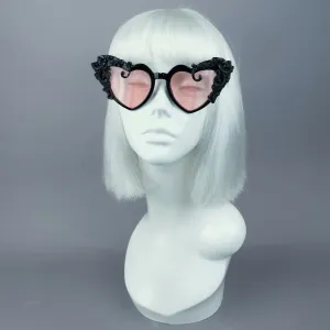 "Desolado" Black Filigree Heart Shaped Pink Lenses Sunglasses