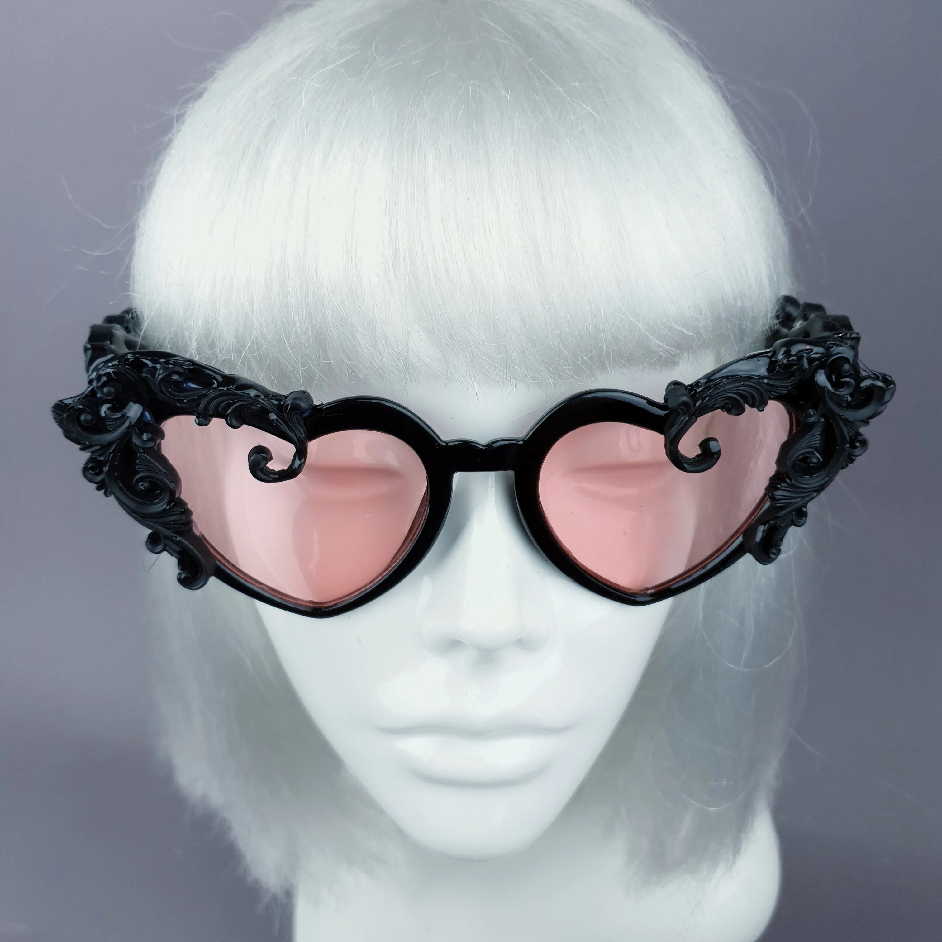 "Desolado" Black Filigree Heart Shaped Pink Lenses Sunglasses