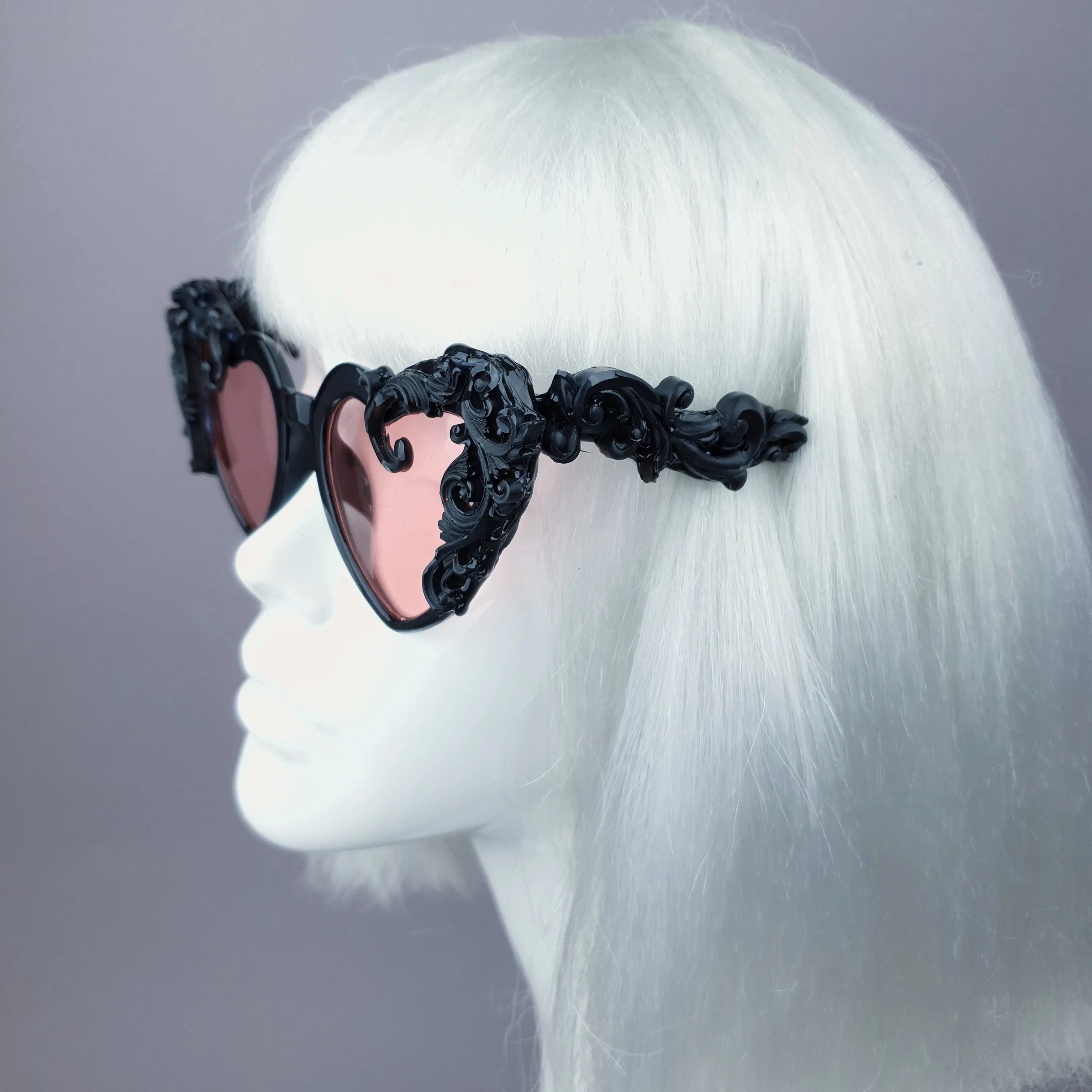 "Desolado" Black Filigree Heart Shaped Pink Lenses Sunglasses