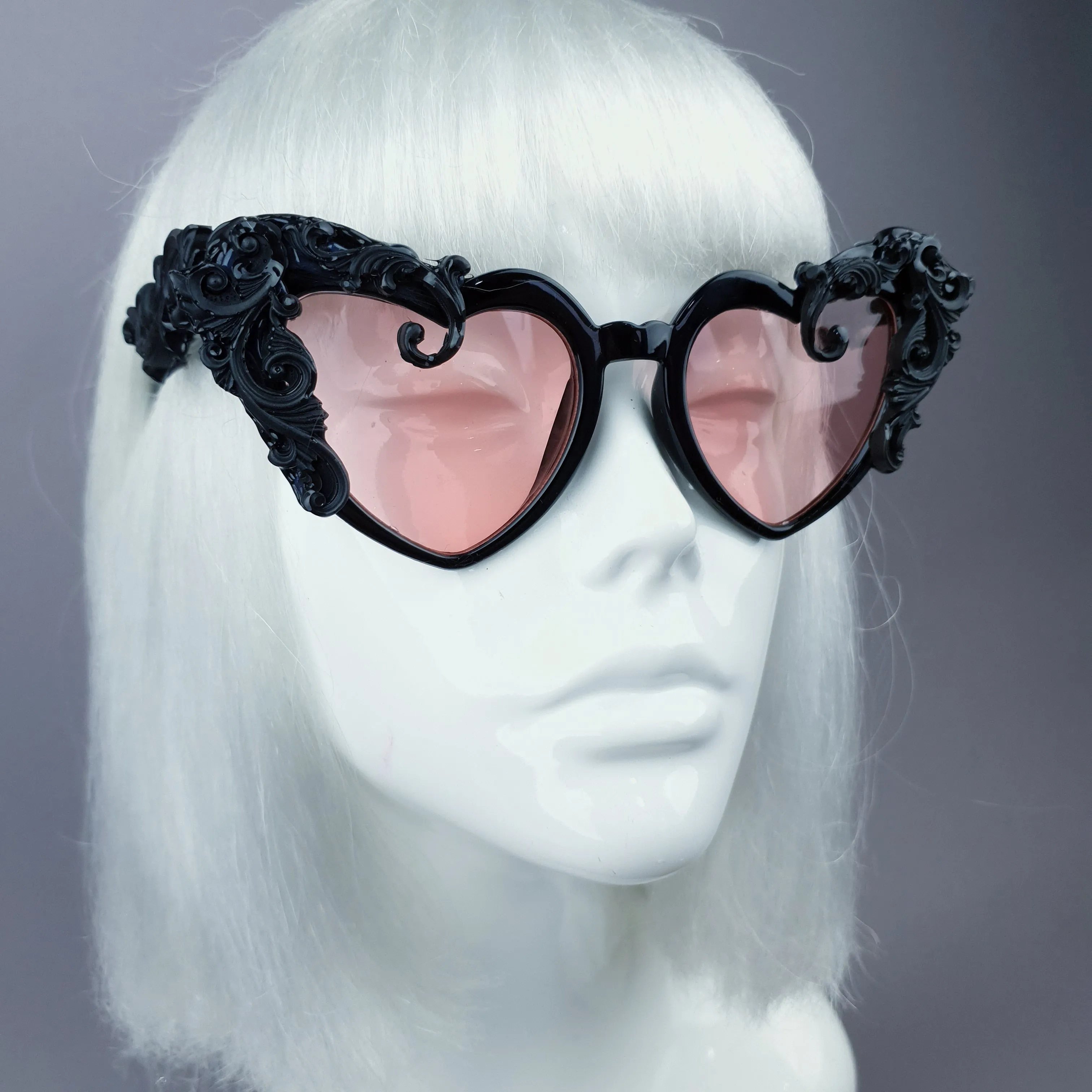 "Desolado" Black Filigree Heart Shaped Pink Lenses Sunglasses