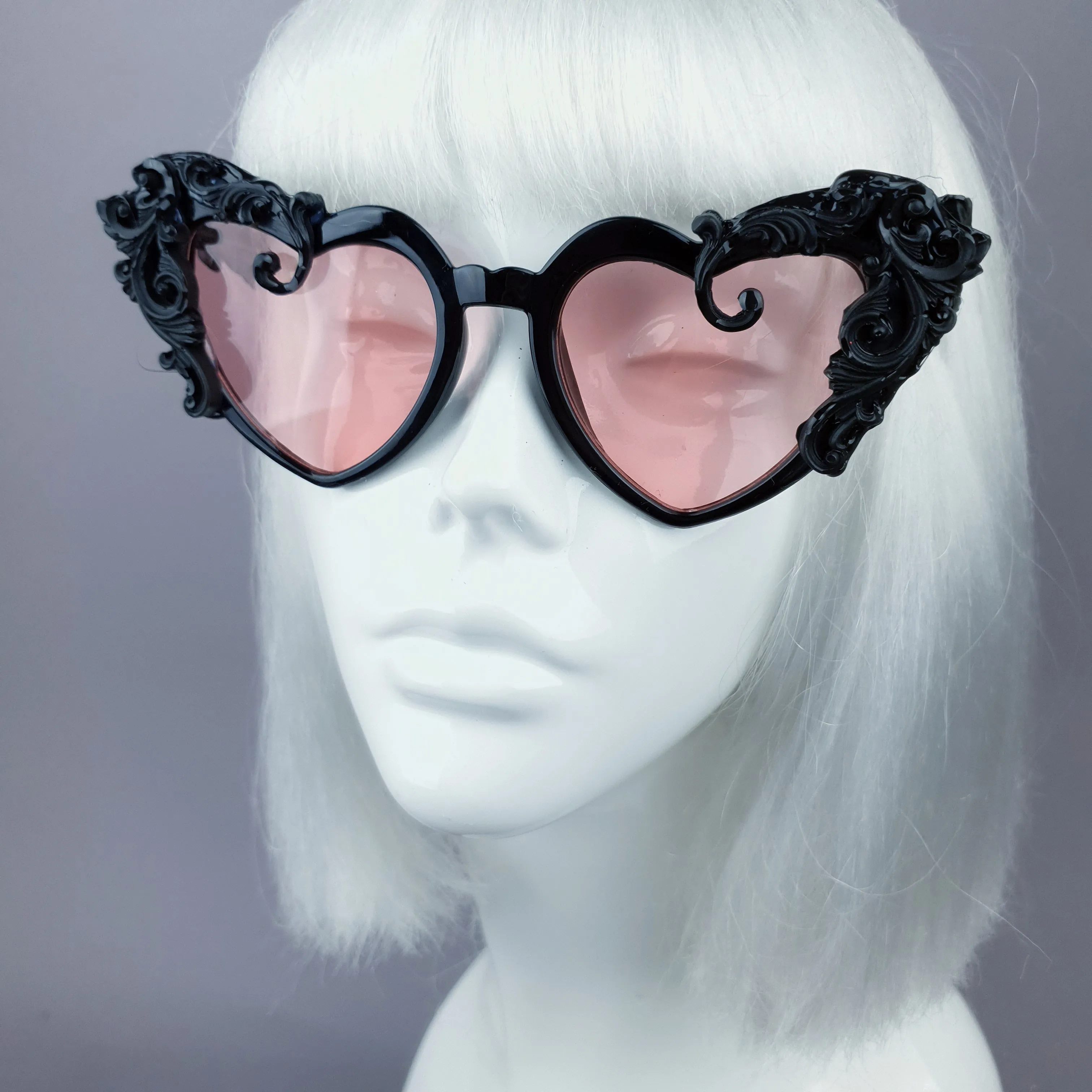 "Desolado" Black Filigree Heart Shaped Pink Lenses Sunglasses