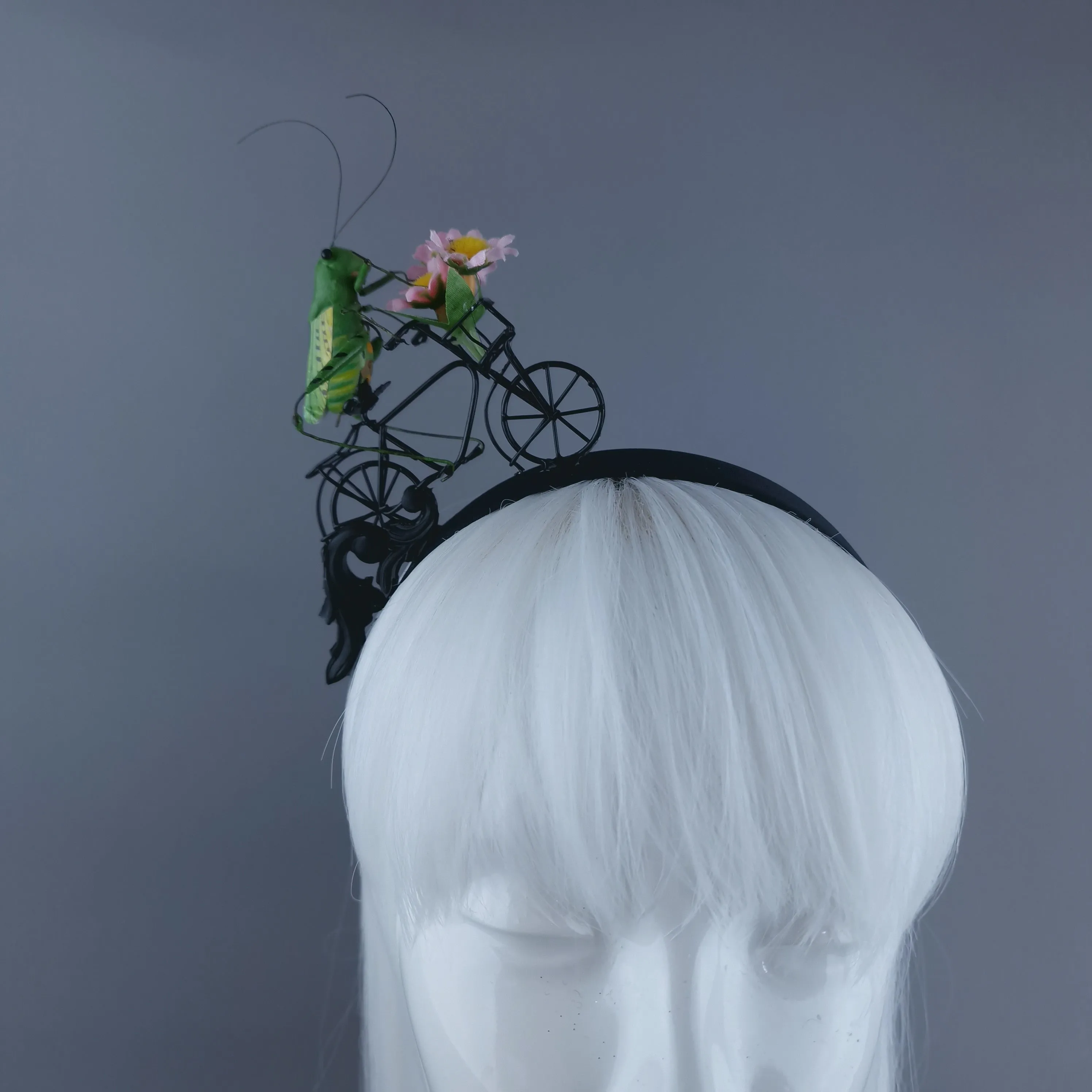 "La Sauterelle" Grasshopper on a Bicycle Filigree Headband