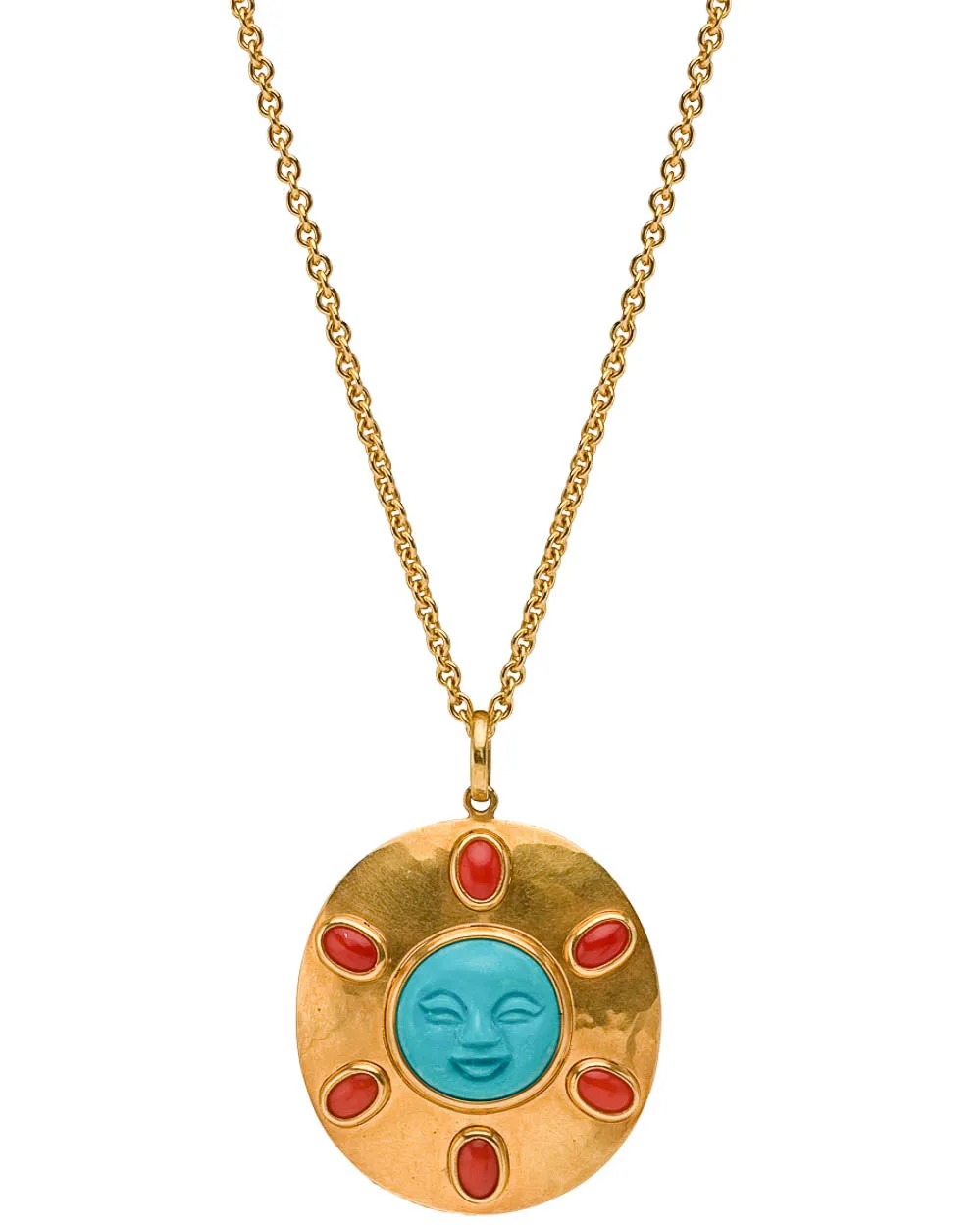 Red Coral and Turquoise Moonface Pendant Necklace